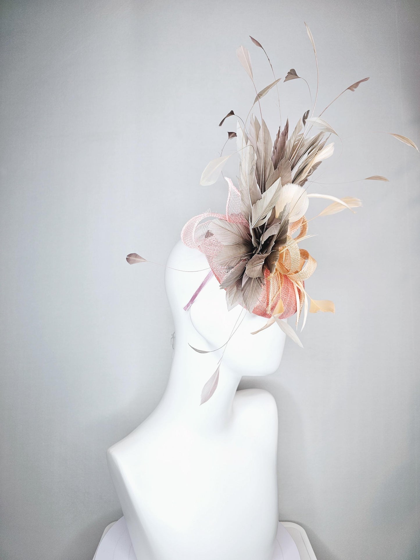 kentucky derby hat fascinator light pink sinamay neutral taupe beige sinamay curls gray taupe branching feathers