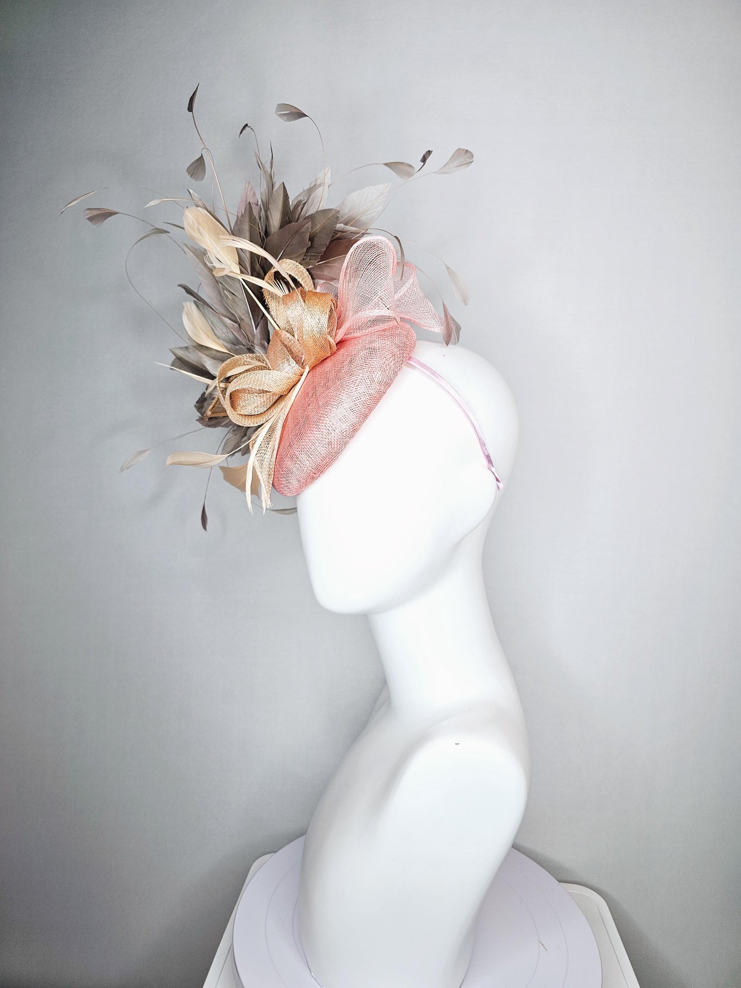 kentucky derby hat fascinator light pink sinamay neutral taupe beige sinamay curls gray taupe branching feathers