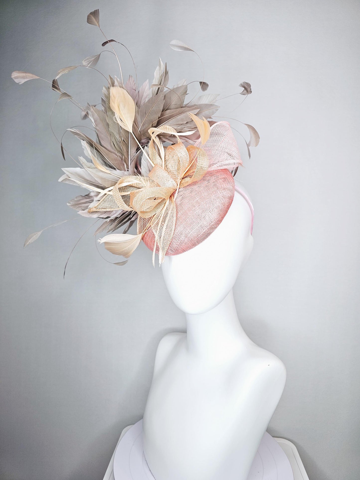 kentucky derby hat fascinator light pink sinamay neutral taupe beige sinamay curls gray taupe branching feathers