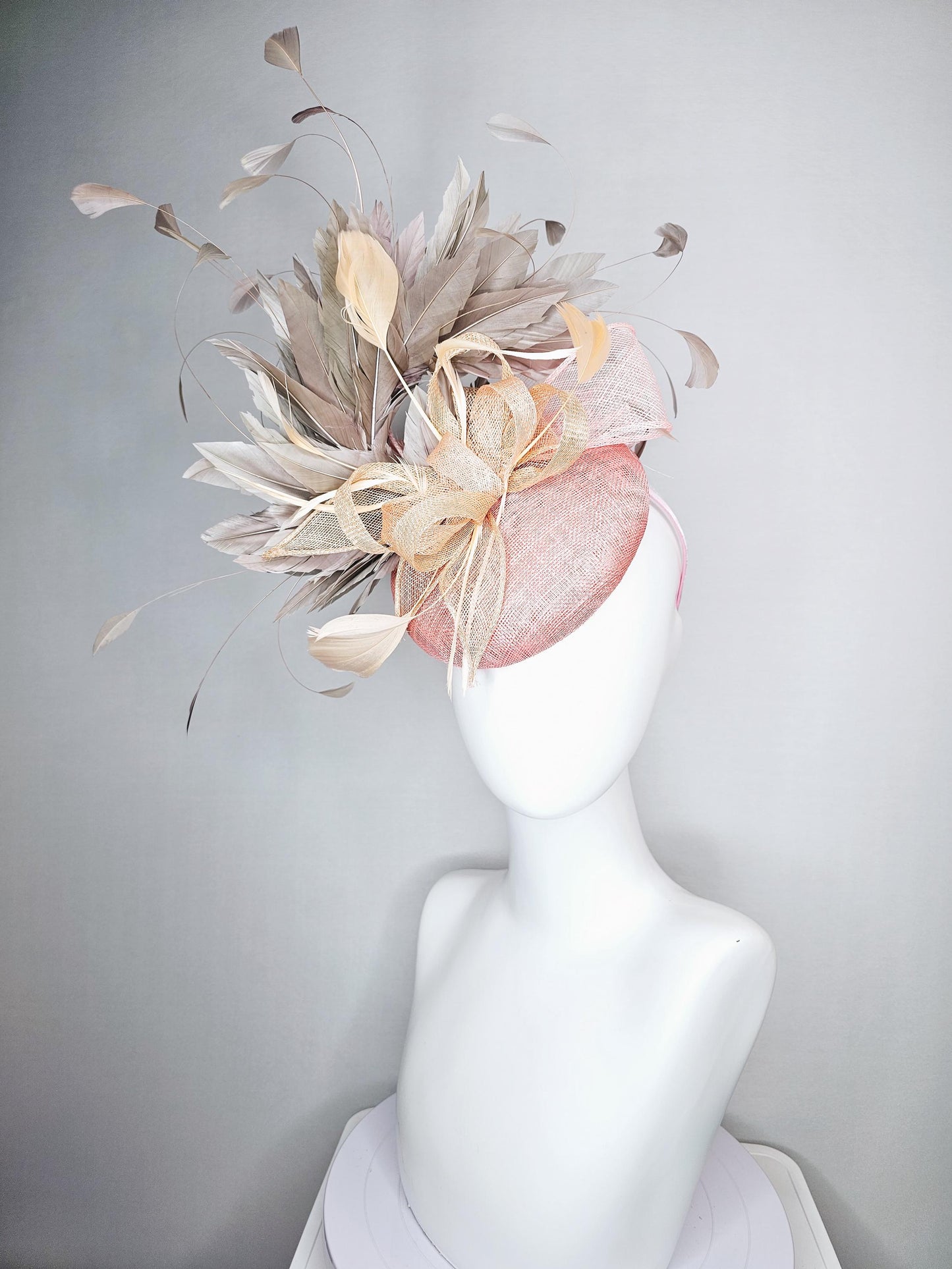 kentucky derby hat fascinator light pink sinamay neutral taupe beige sinamay curls gray taupe branching feathers