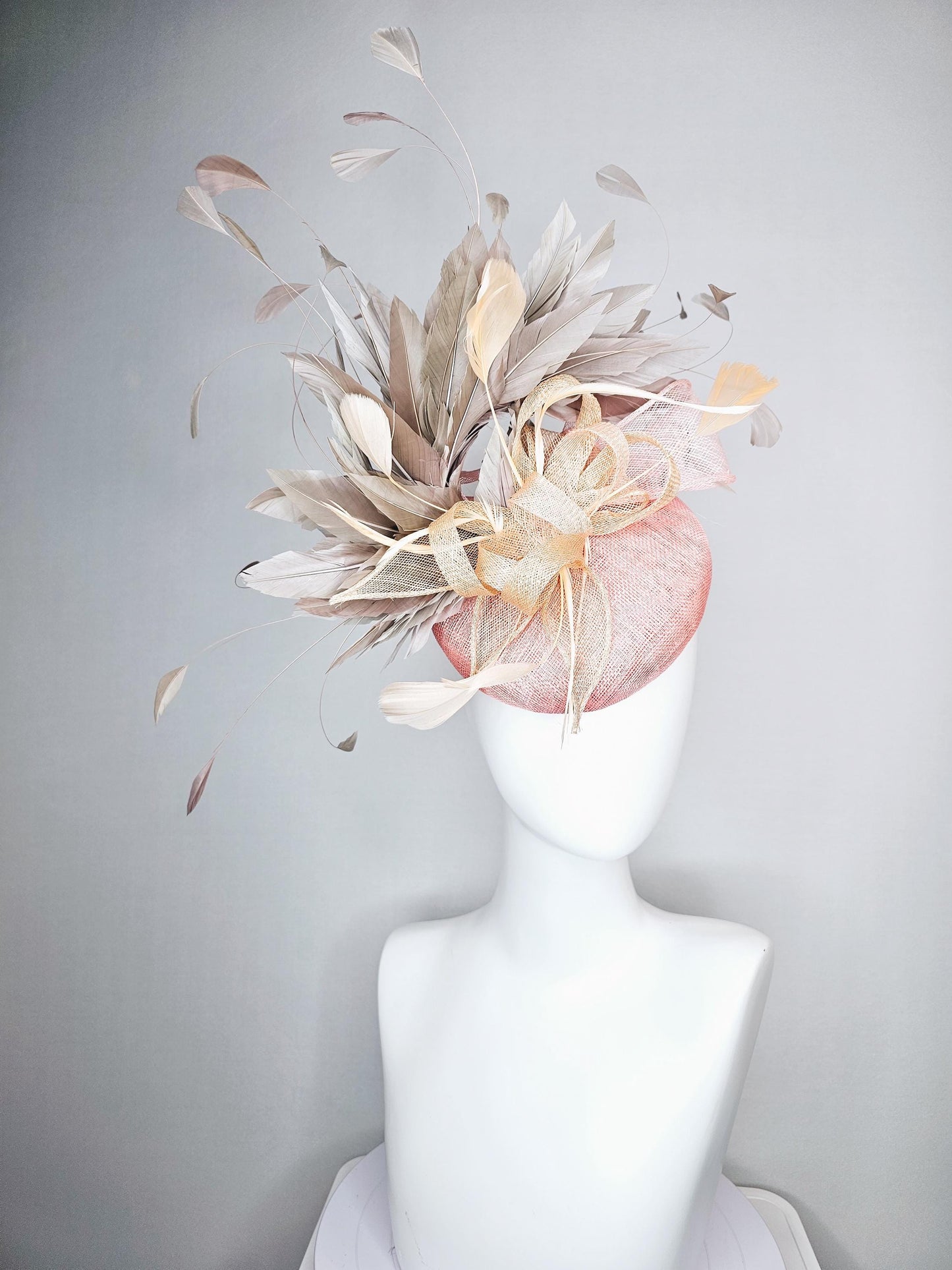 kentucky derby hat fascinator light pink sinamay neutral taupe beige sinamay curls gray taupe branching feathers