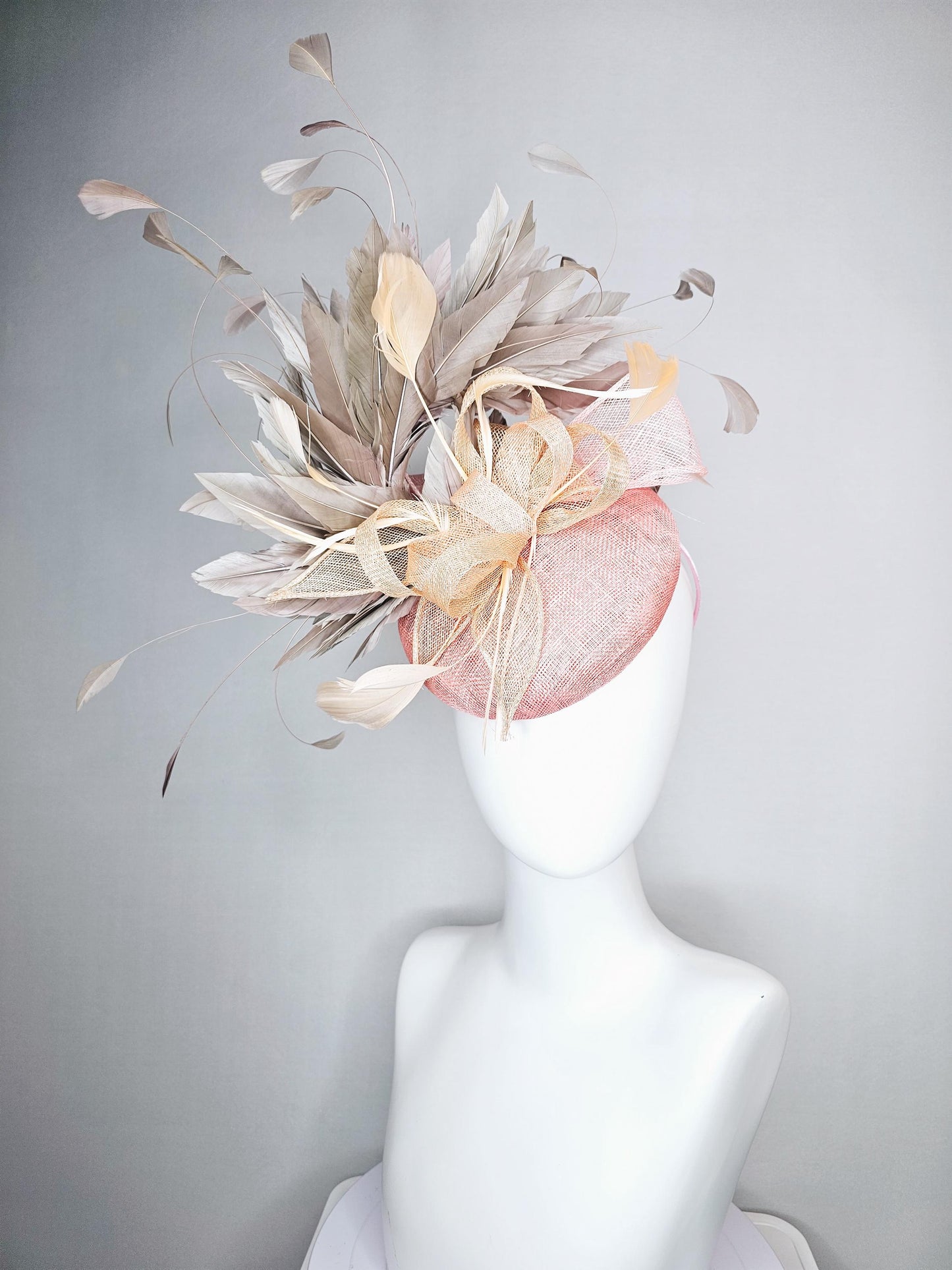 kentucky derby hat fascinator light pink sinamay neutral taupe beige sinamay curls gray taupe branching feathers