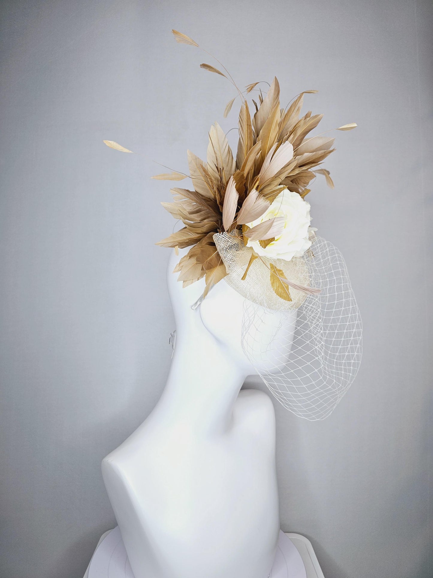 kentucky derby hat fascinator white sinamay with white netting off white silk roses gold lame metallic eaves gold beige branching feathers