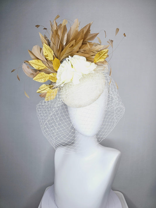 kentucky derby hat fascinator white sinamay with white netting off white silk roses gold lame metallic eaves gold beige branching feathers
