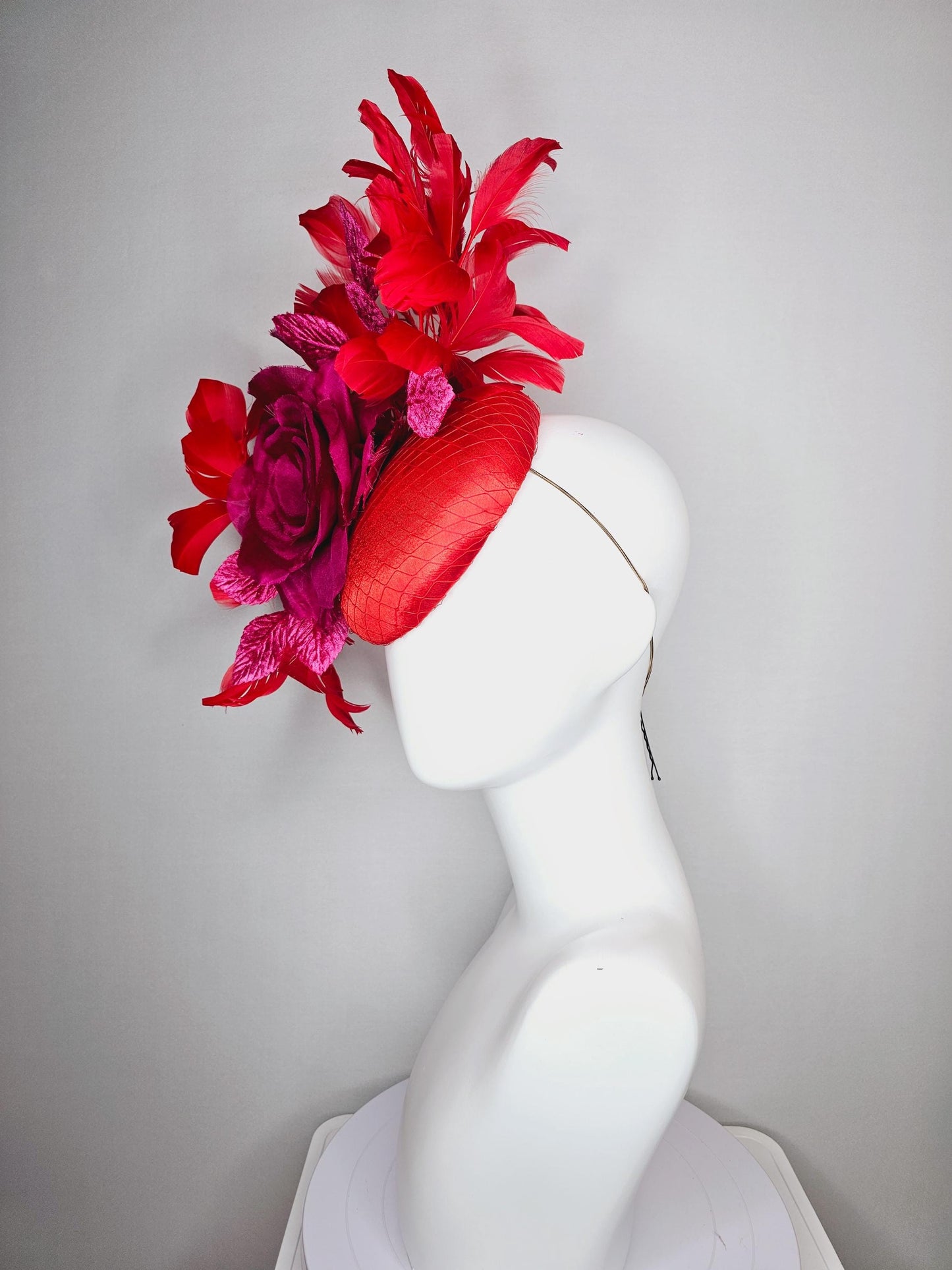 kentucky derby hat fascinator scarlet red satin,large organza silk pink rose,pink leaves,bright red branching feathers