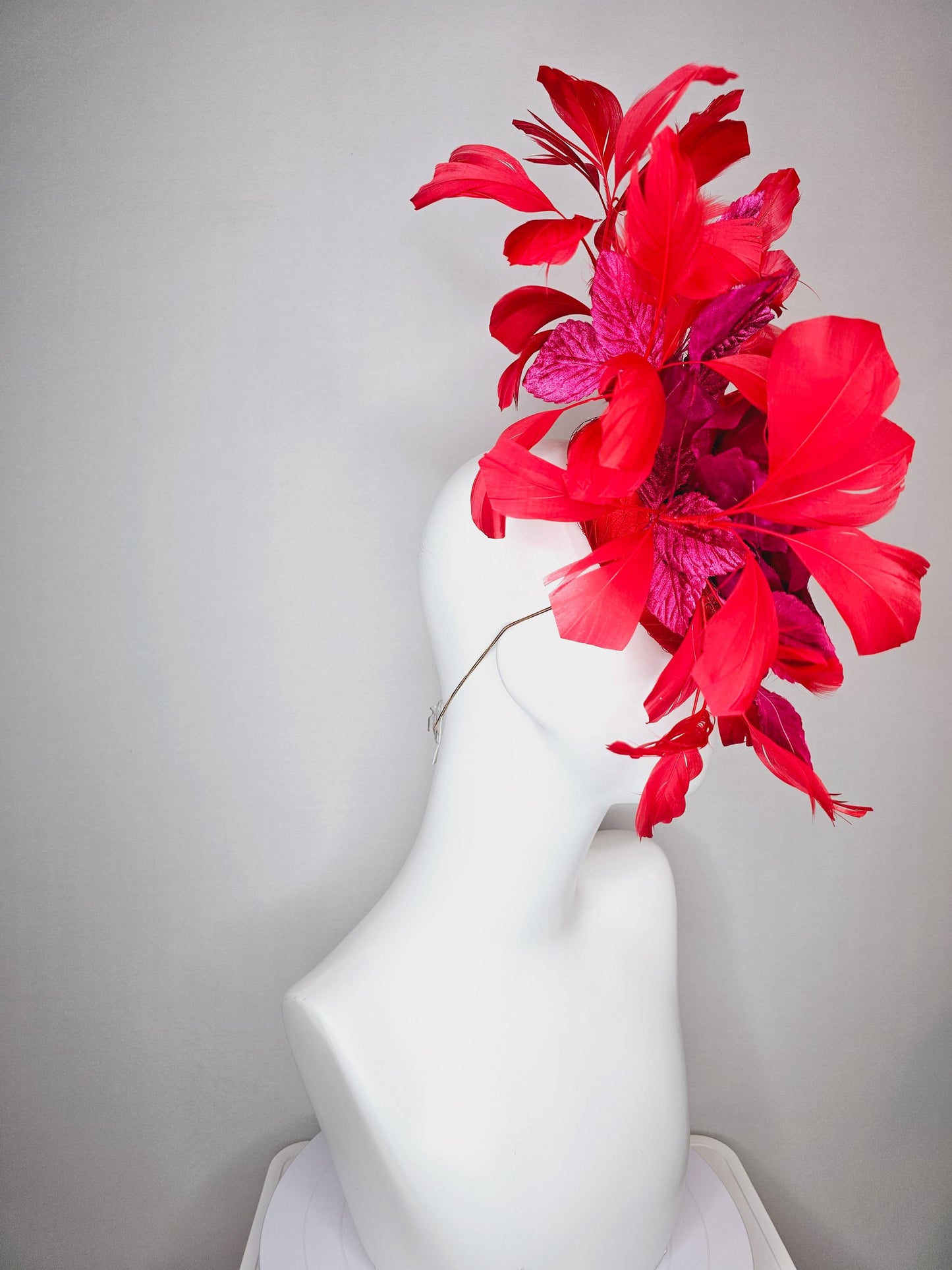 kentucky derby hat fascinator scarlet red satin,large organza silk pink rose,pink leaves,bright red branching feathers