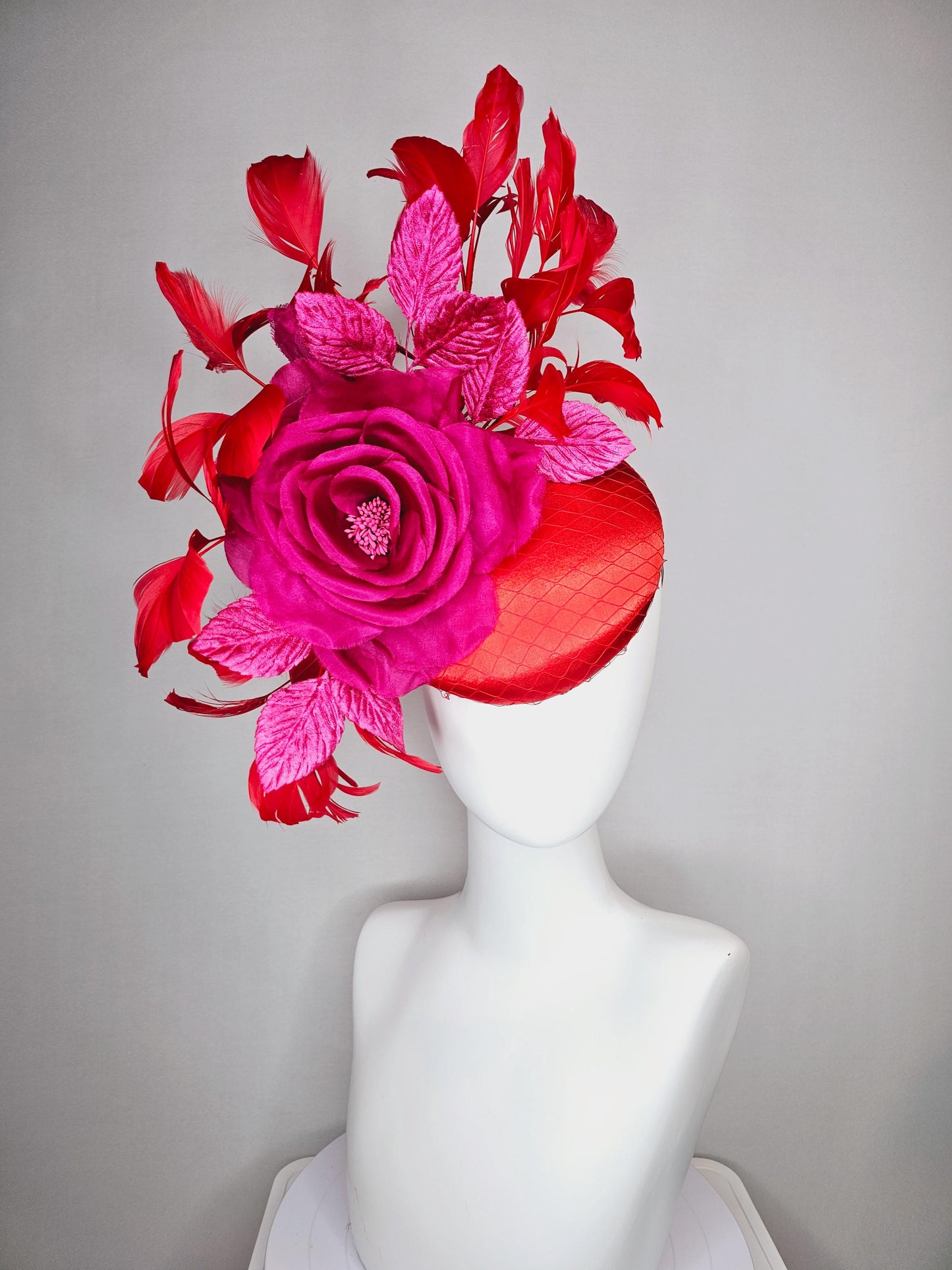kentucky derby hat fascinator scarlet red satin,large organza silk pink rose,pink leaves,bright red branching feathers