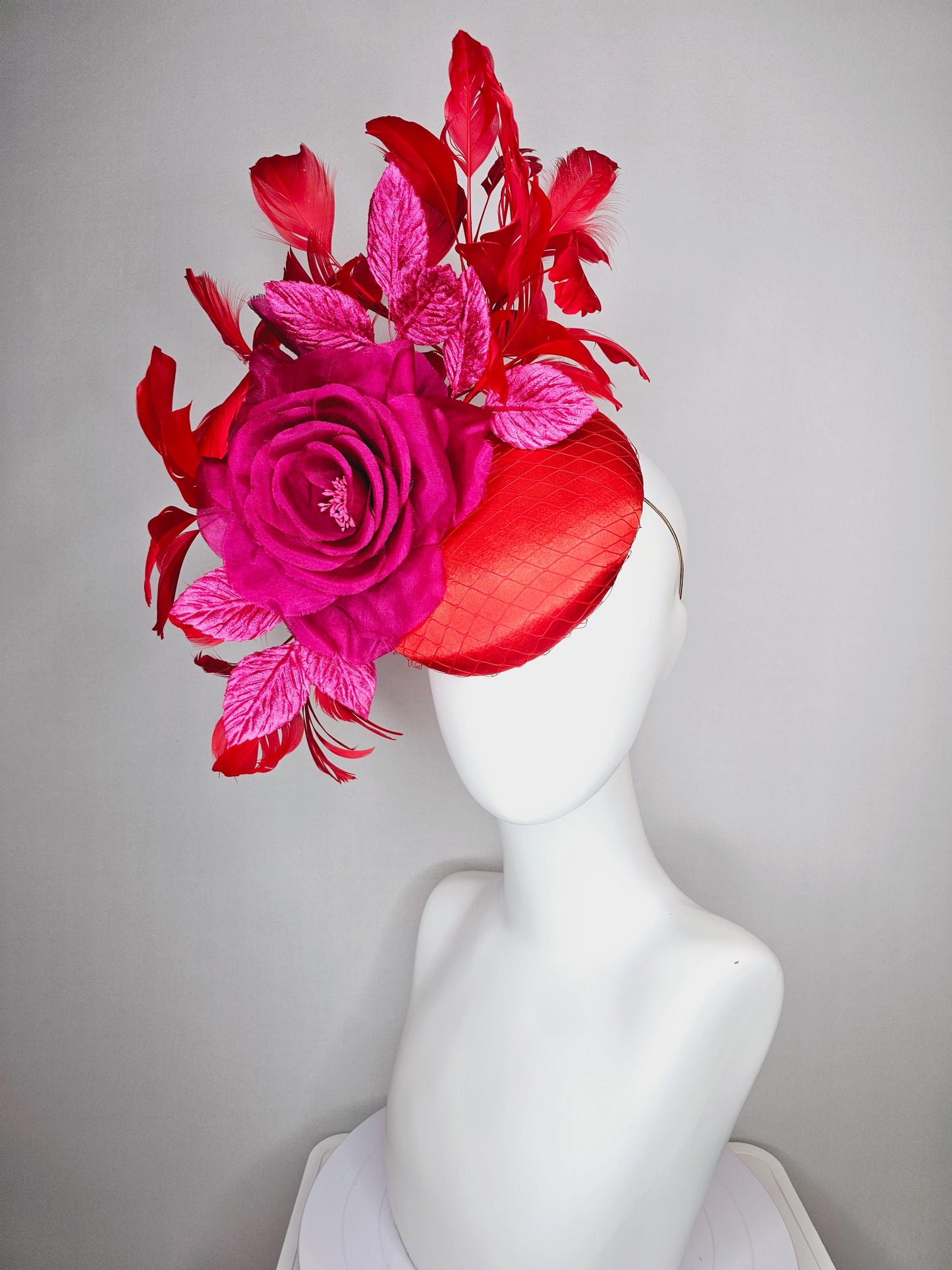 kentucky derby hat fascinator scarlet red satin,large organza silk pink rose,pink leaves,bright red branching feathers