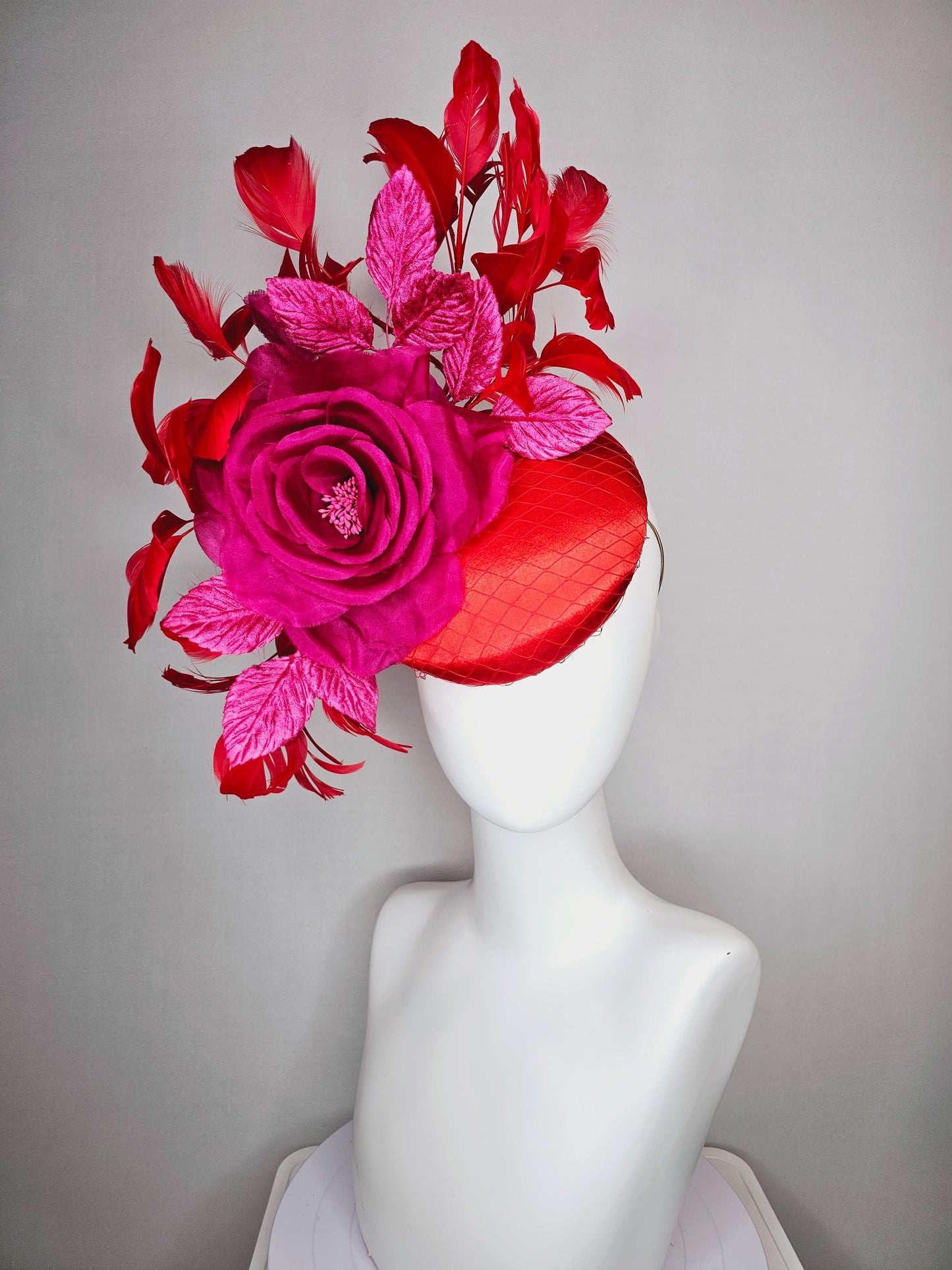 kentucky derby hat fascinator scarlet red satin,large organza silk pink rose,pink leaves,bright red branching feathers