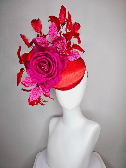 kentucky derby hat fascinator scarlet red satin,large organza silk pink rose,pink leaves,bright red branching feathers