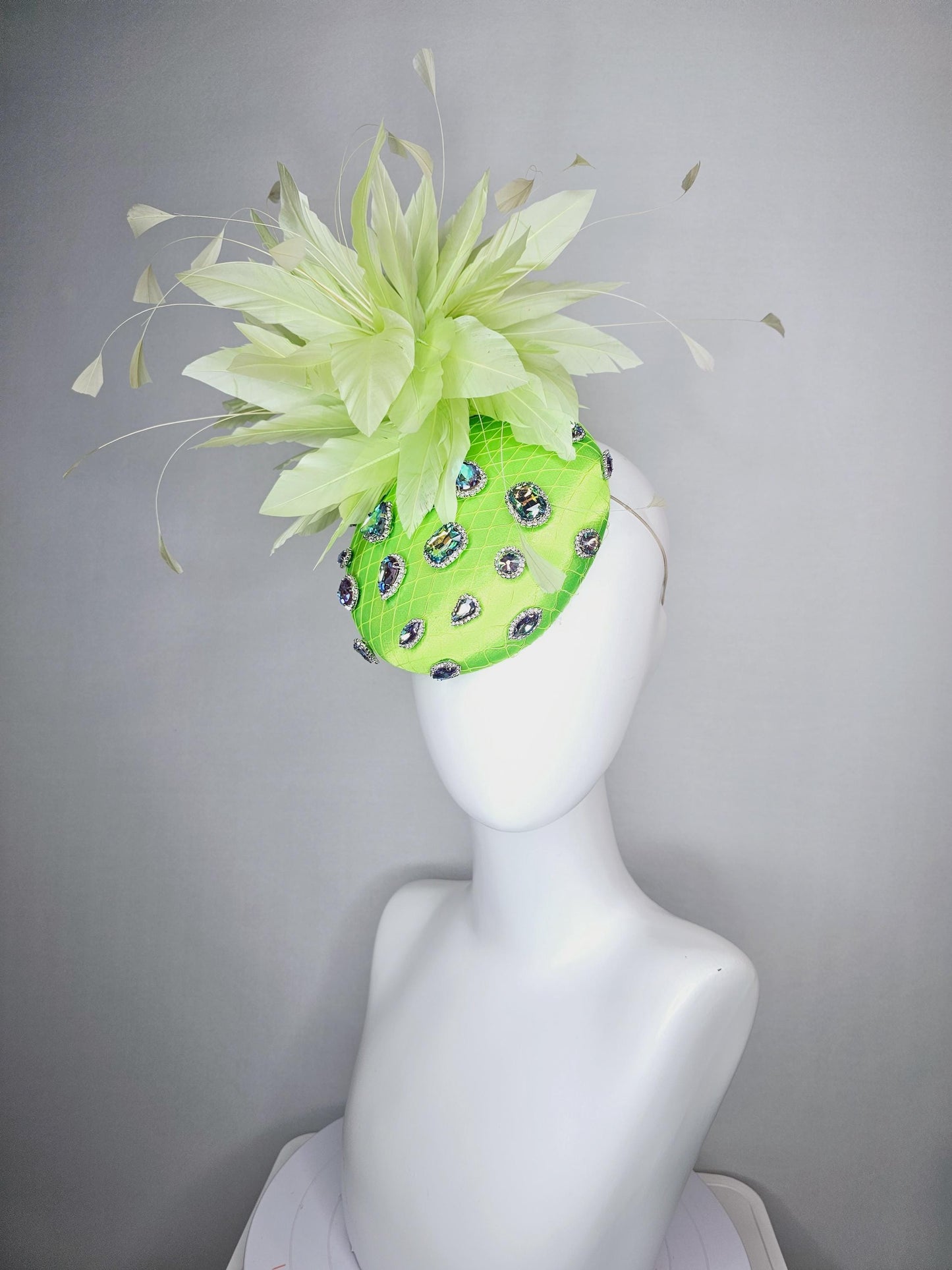 kentucky derby hat fascinator lime neon green satin with netting and green iridescent crystal rhinestone beaded fluffy light green feathers