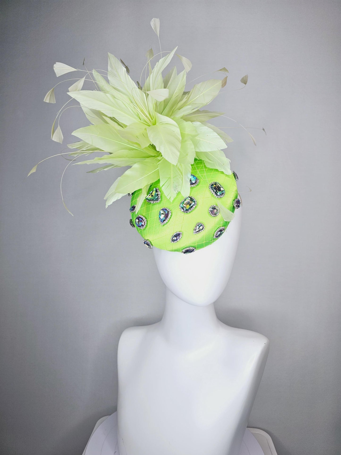 kentucky derby hat fascinator lime neon green satin with netting and green iridescent crystal rhinestone beaded fluffy light green feathers
