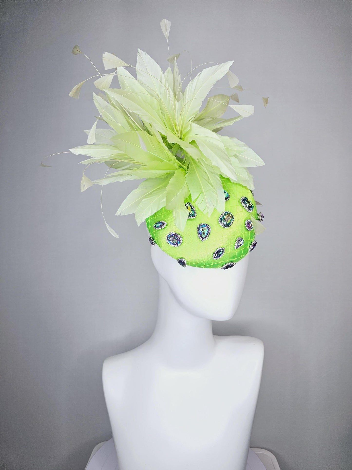 kentucky derby hat fascinator lime neon green satin with netting and green iridescent crystal rhinestone beaded fluffy light green feathers