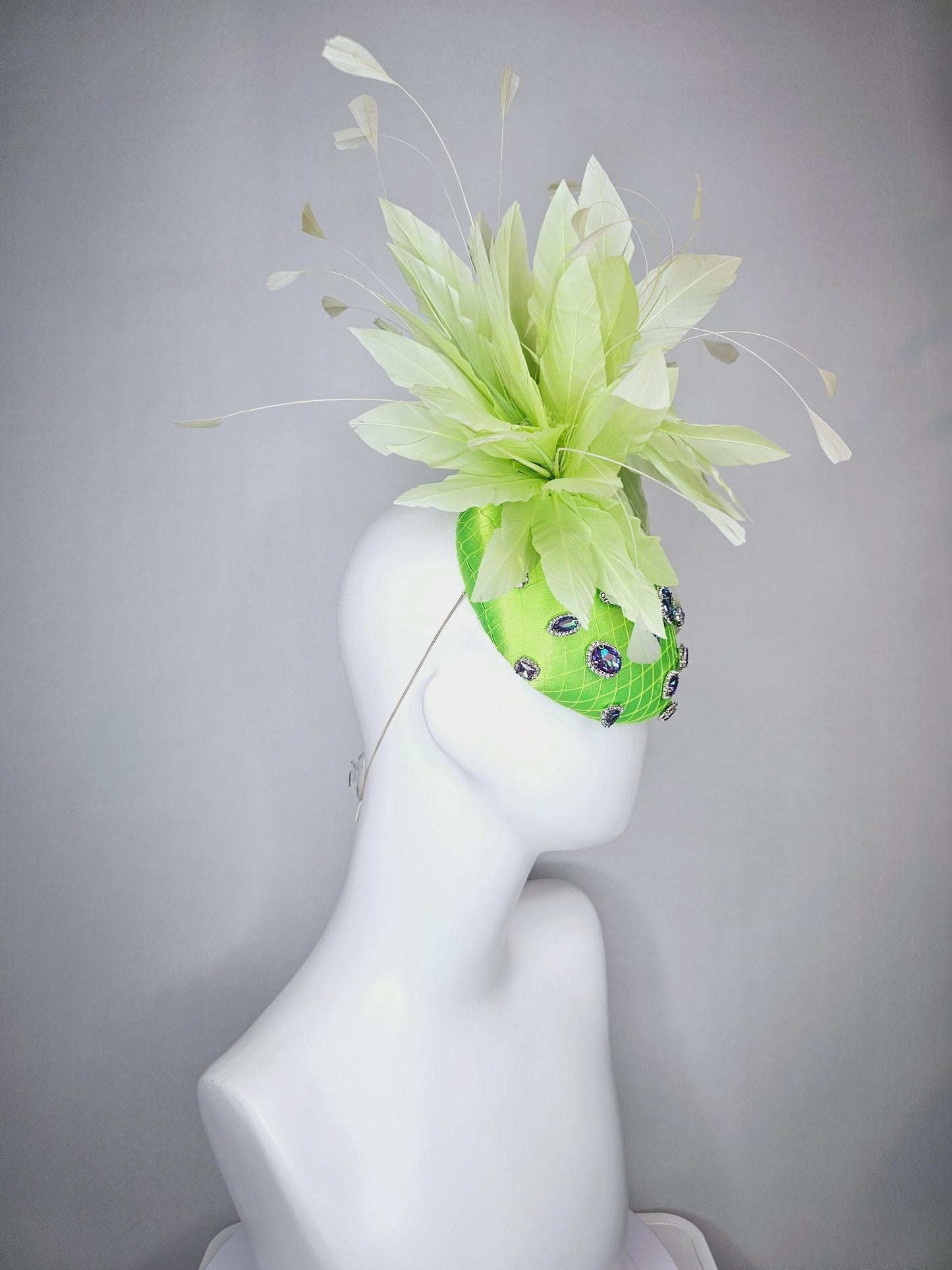 kentucky derby hat fascinator lime neon green satin with netting and green iridescent crystal rhinestone beaded fluffy light green feathers