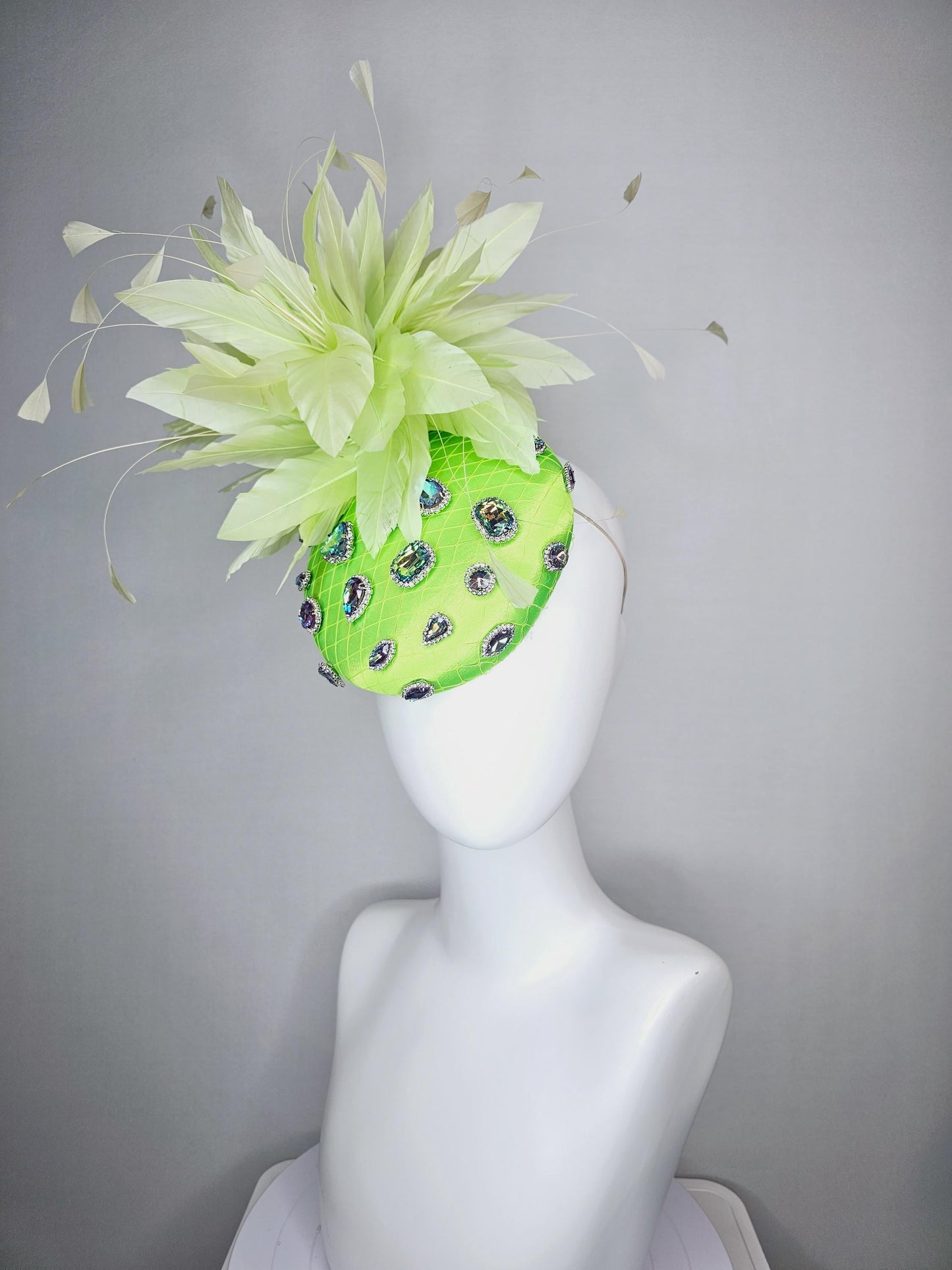 kentucky derby hat fascinator lime neon green satin with netting and green iridescent crystal rhinestone beaded fluffy light green feathers