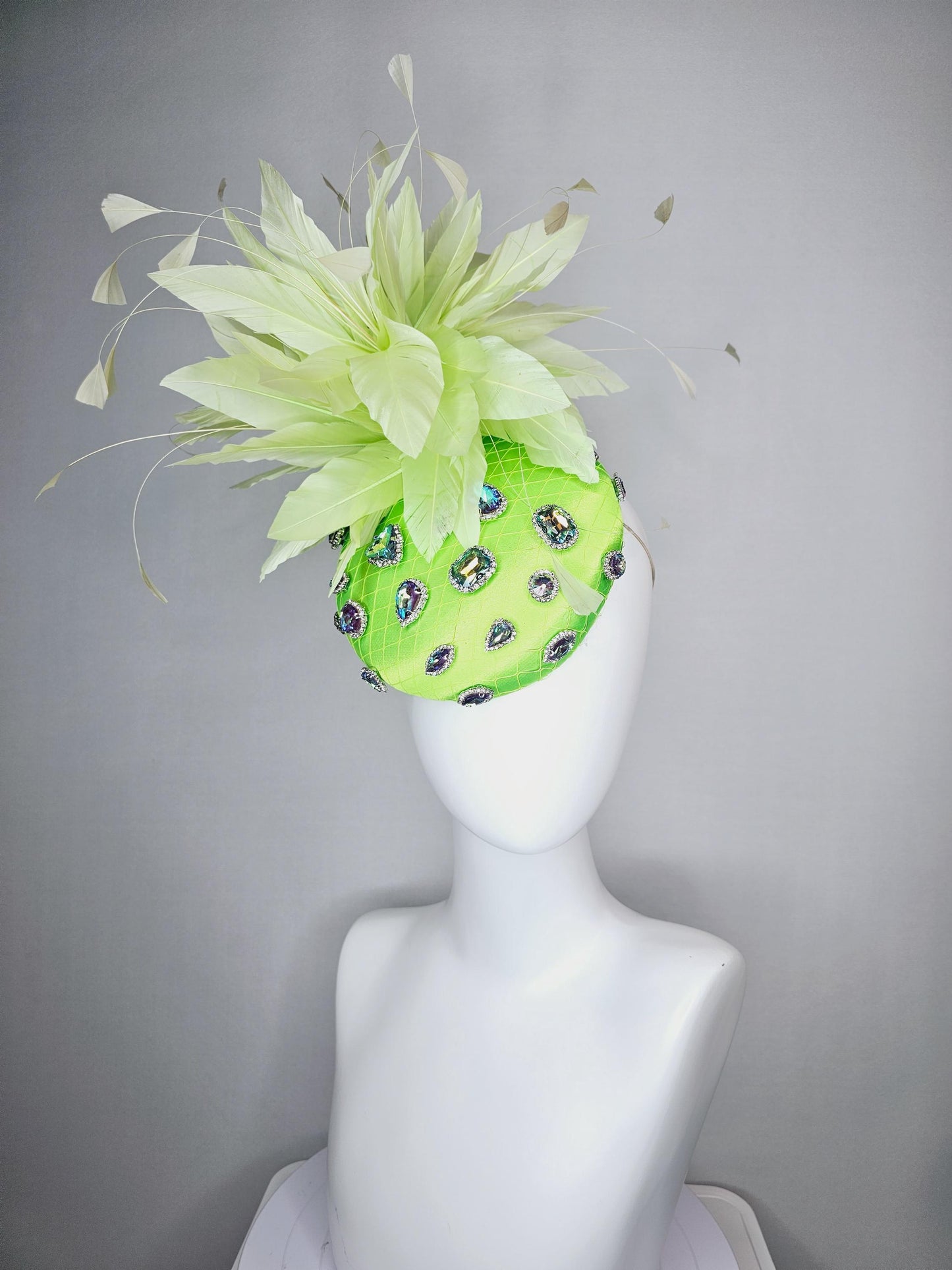kentucky derby hat fascinator lime neon green satin with netting and green iridescent crystal rhinestone beaded fluffy light green feathers