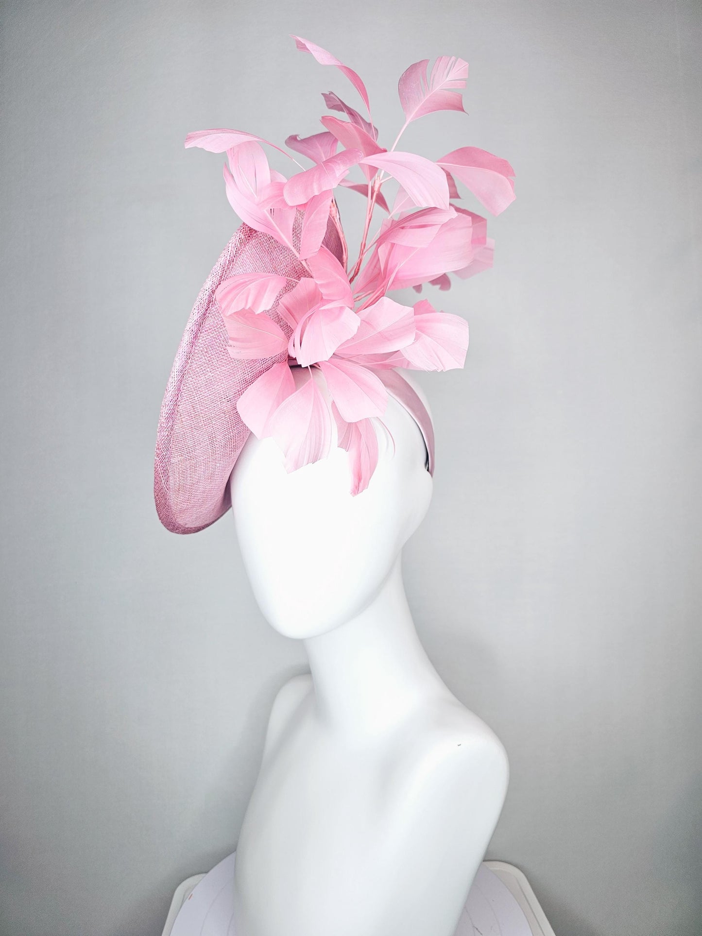 kentucky derby hat fascinator baby pink sinamay saucer with crystal jewel and light pink pearl beaded flowers pink branching feathers