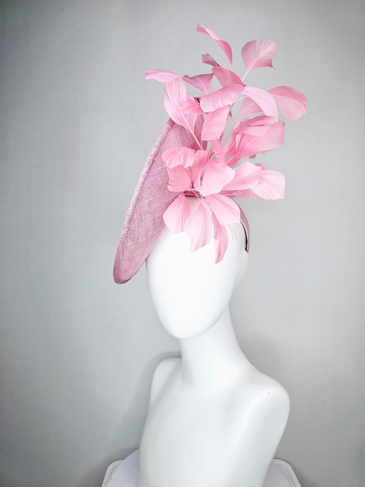 kentucky derby hat fascinator baby pink sinamay saucer with crystal jewel and light pink pearl beaded flowers pink branching feathers