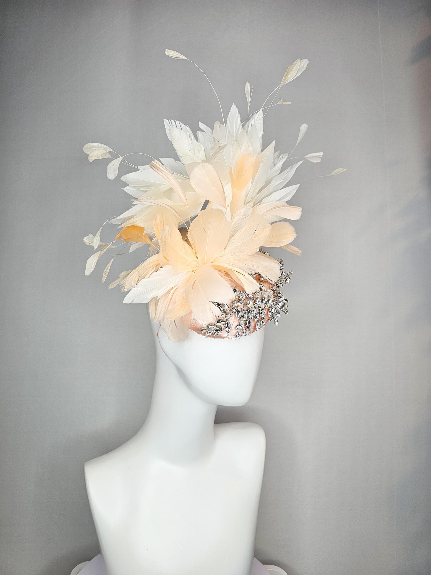 kentucky derby hat fascinator neutral champagne beige with netting satin with leaf vine crystal clear rhinestone cream beige feathers