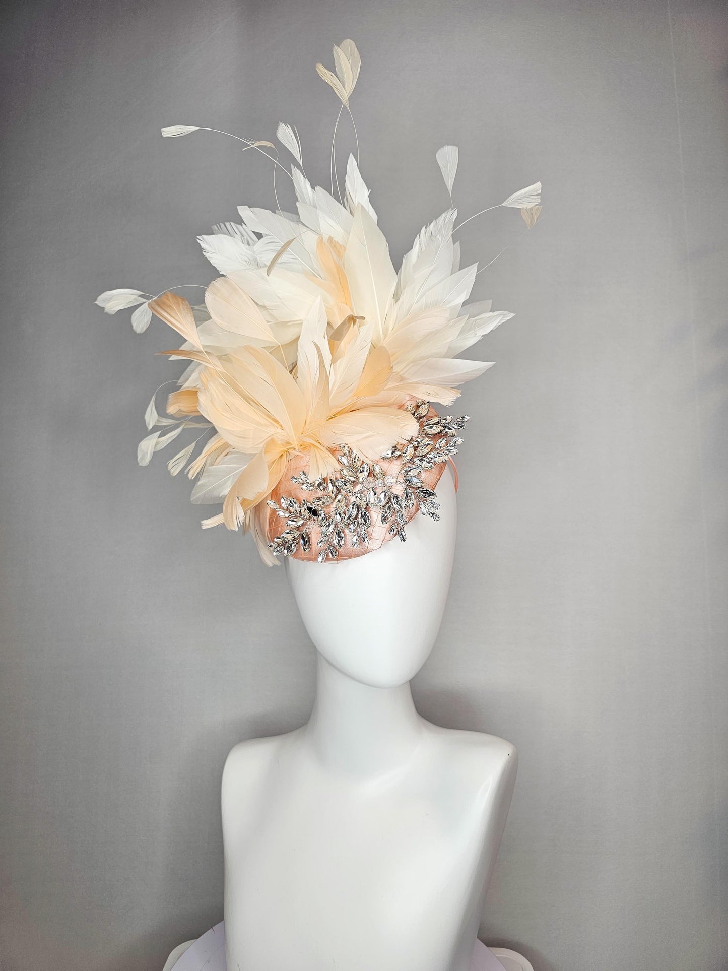 kentucky derby hat fascinator neutral champagne beige with netting satin with leaf vine crystal clear rhinestone cream beige feathers