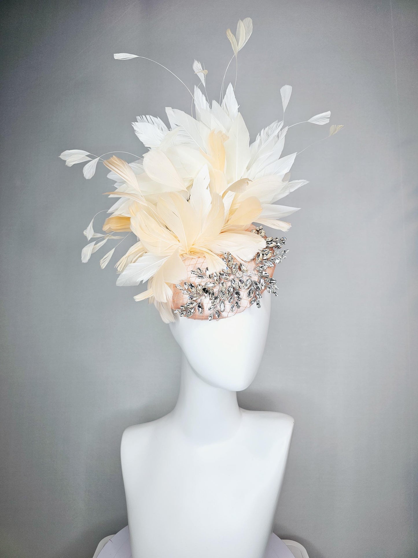 kentucky derby hat fascinator neutral champagne beige with netting satin with leaf vine crystal clear rhinestone cream beige feathers