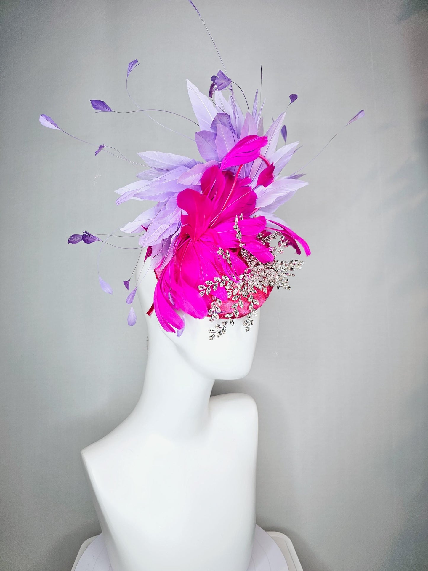 kentucky derby hat fascinator fuchsia pink satin with netting and leaf vine crystal clear embroidery fuchsia pink lavender purple feathers