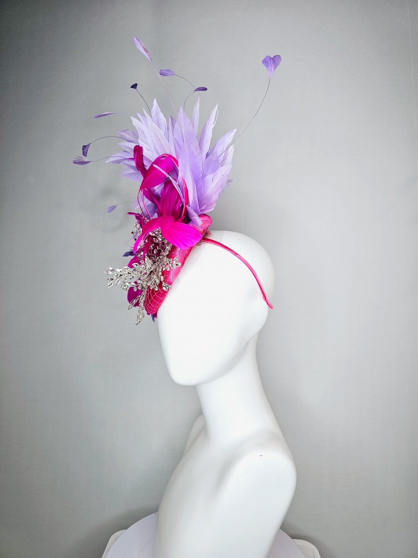 kentucky derby hat fascinator fuchsia pink satin with netting and leaf vine crystal clear embroidery fuchsia pink lavender purple feathers