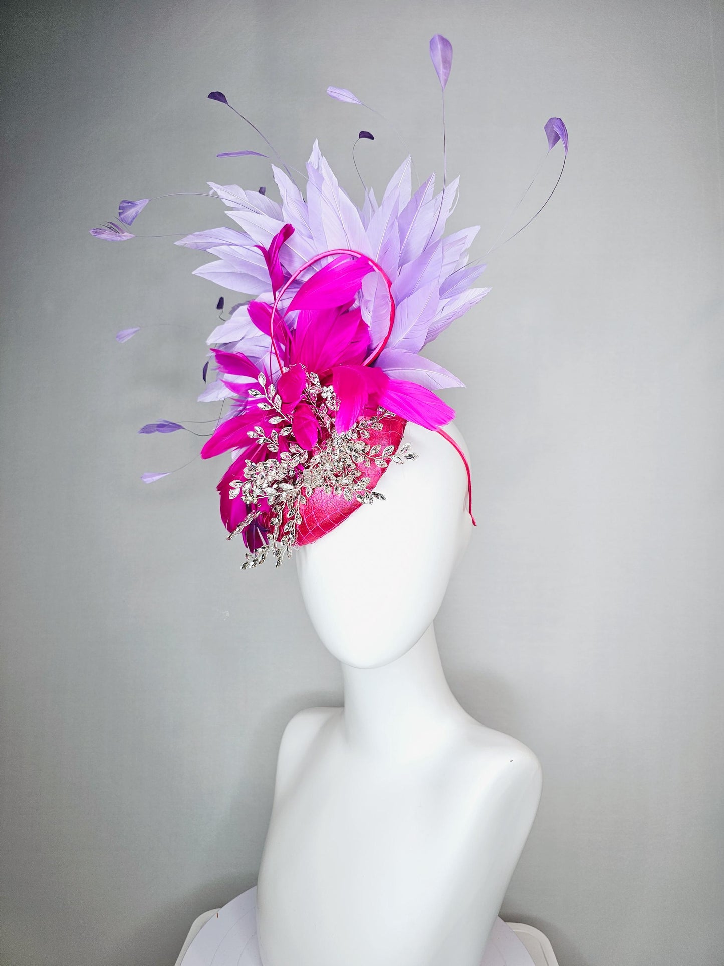 kentucky derby hat fascinator fuchsia pink satin with netting and leaf vine crystal clear embroidery fuchsia pink lavender purple feathers
