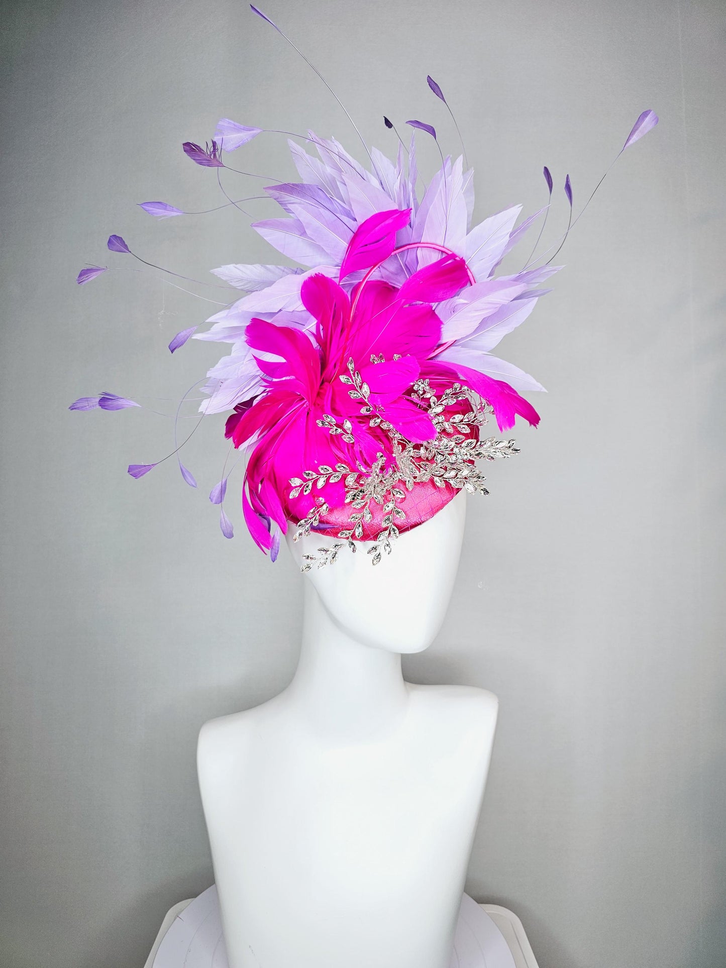 kentucky derby hat fascinator fuchsia pink satin with netting and leaf vine crystal clear embroidery fuchsia pink lavender purple feathers
