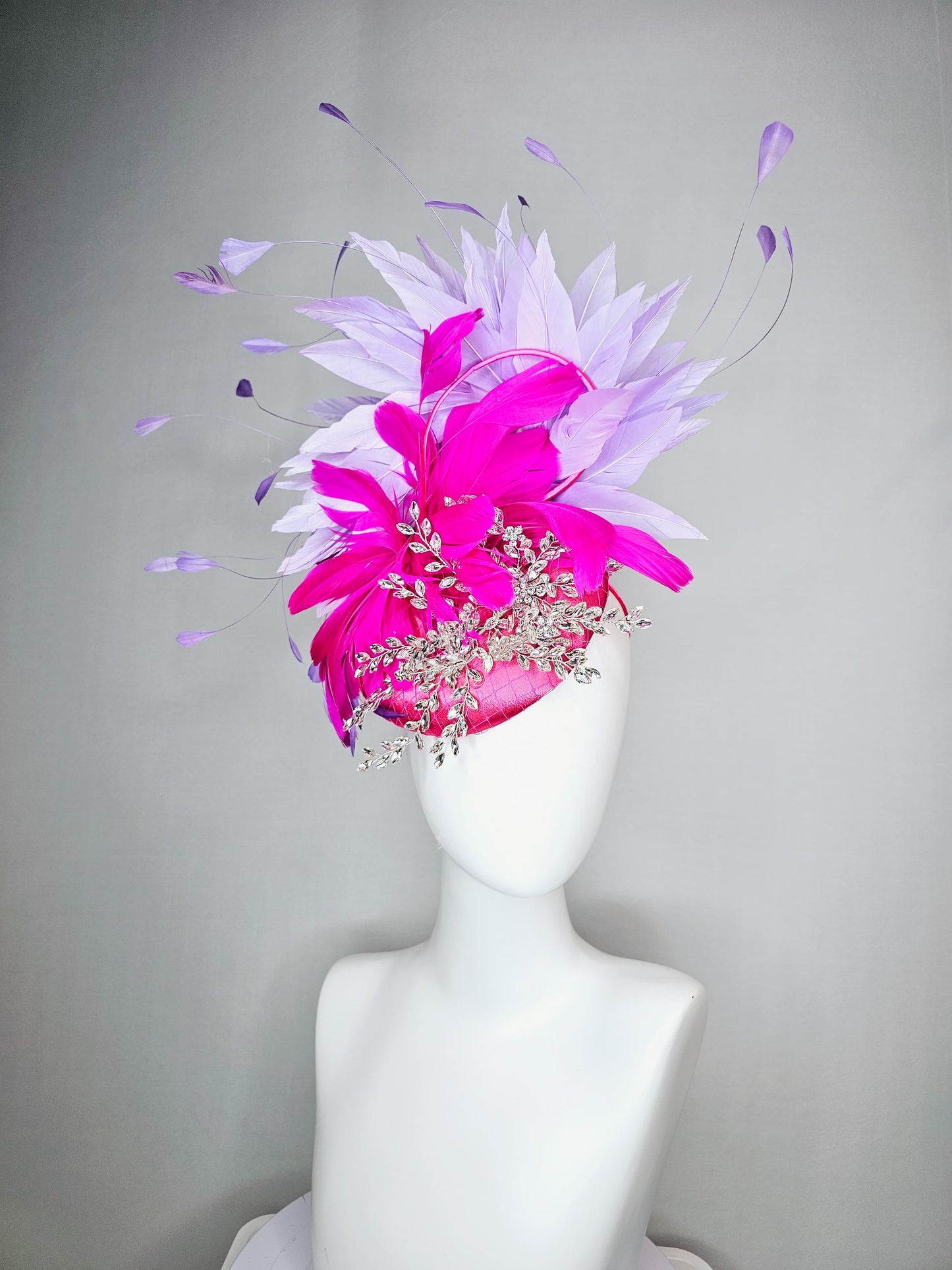 kentucky derby hat fascinator fuchsia pink satin with netting and leaf vine crystal clear embroidery fuchsia pink lavender purple feathers