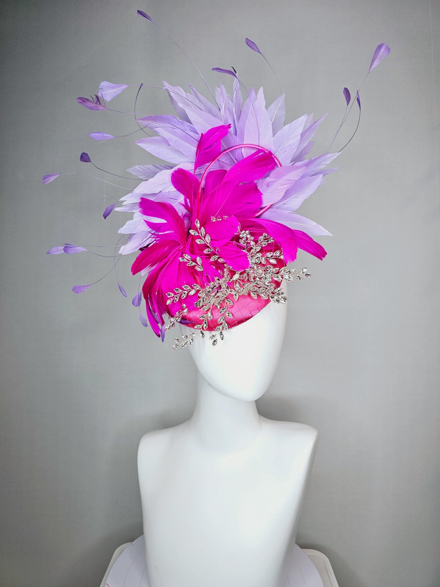 kentucky derby hat fascinator fuchsia pink satin with netting and leaf vine crystal clear embroidery fuchsia pink lavender purple feathers