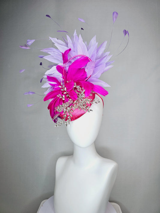 kentucky derby hat fascinator fuchsia pink satin with netting and leaf vine crystal clear embroidery fuchsia pink lavender purple feathers
