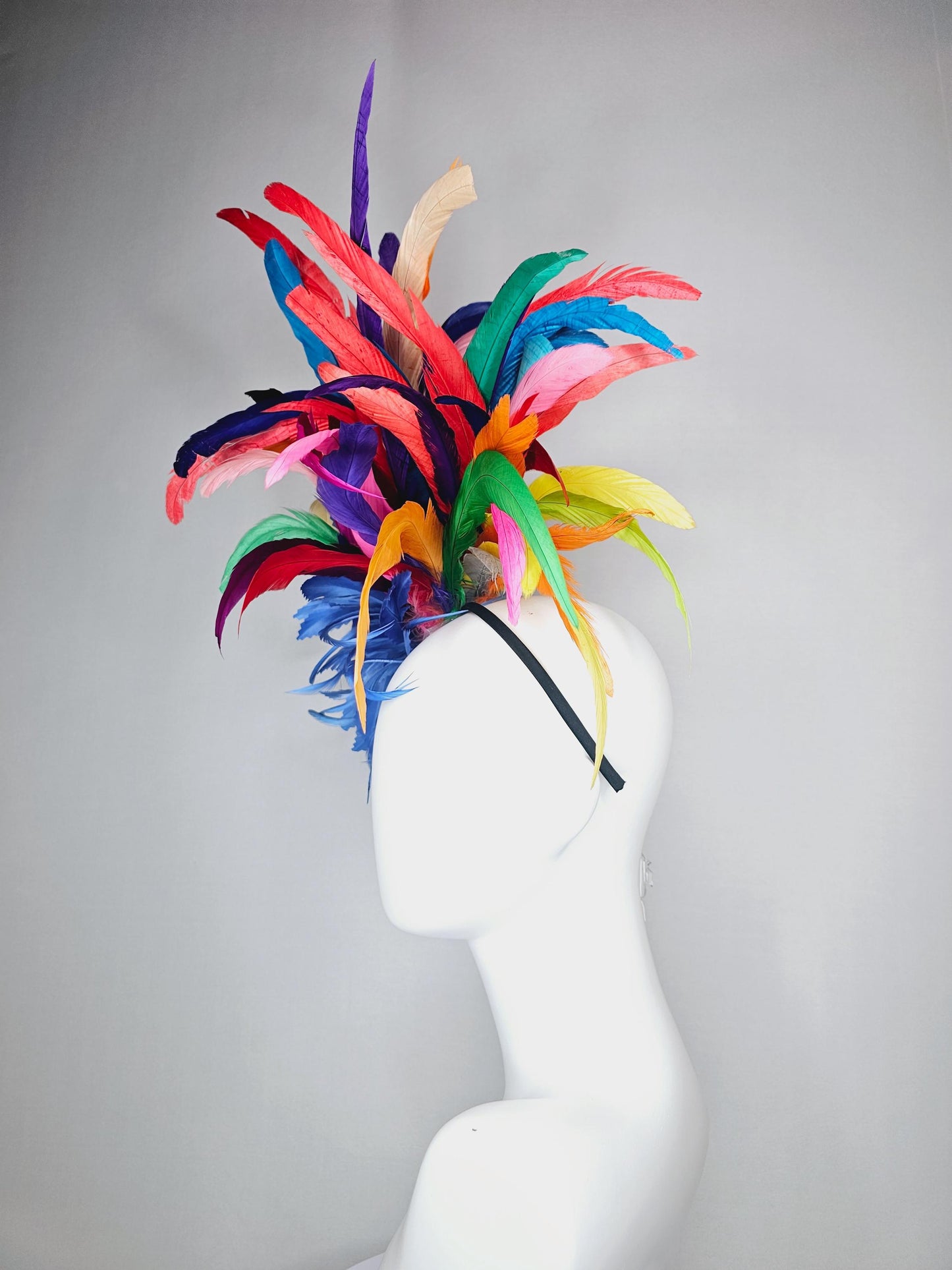 kentucky derby hat fascinator royal blue zigzag feather flower with colorful rainbow red pink purple yellow green branching feathers