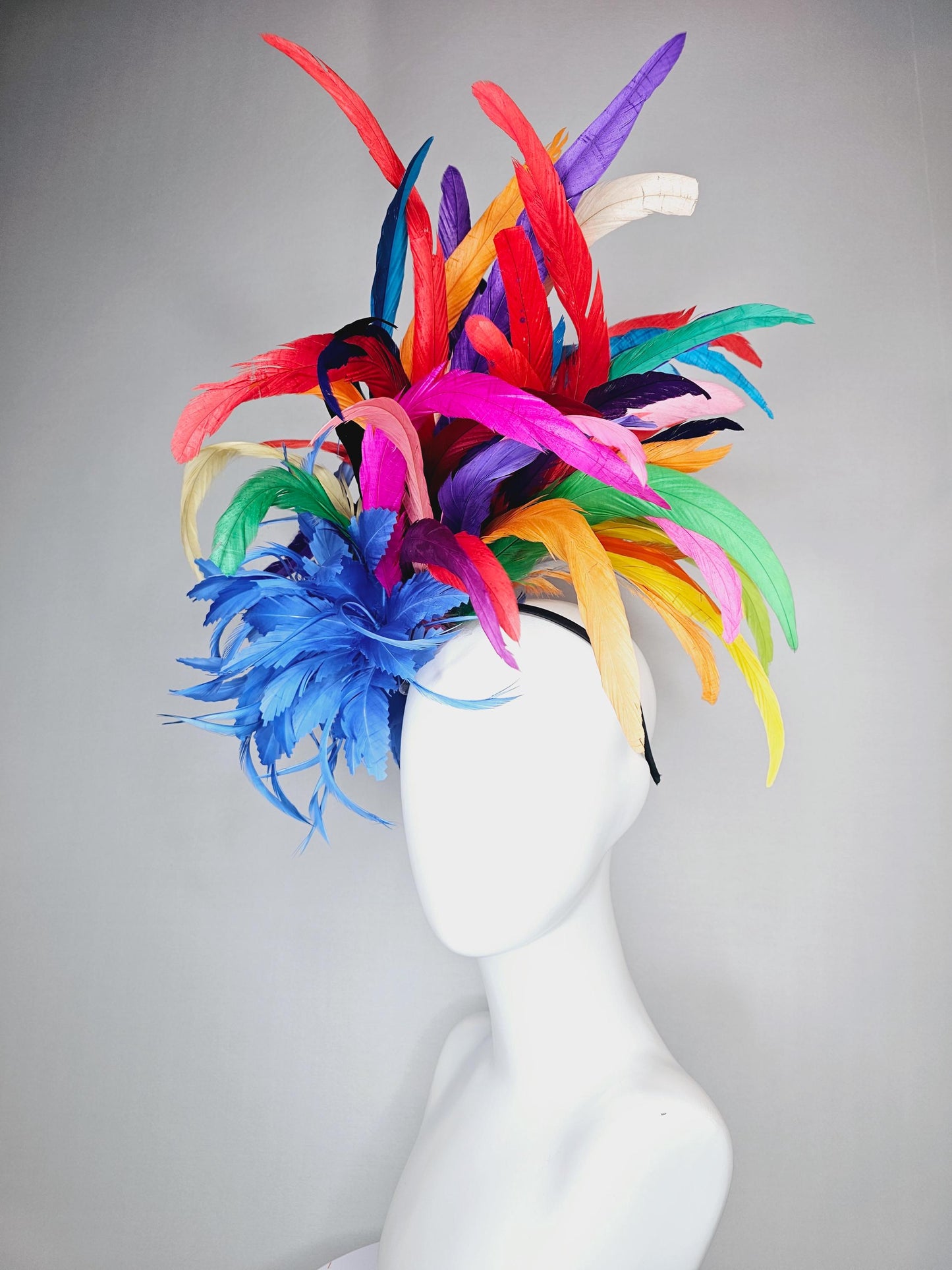kentucky derby hat fascinator royal blue zigzag feather flower with colorful rainbow red pink purple yellow green branching feathers