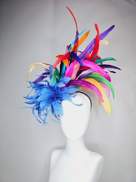 kentucky derby hat fascinator royal blue zigzag feather flower with colorful rainbow red pink purple yellow green branching feathers