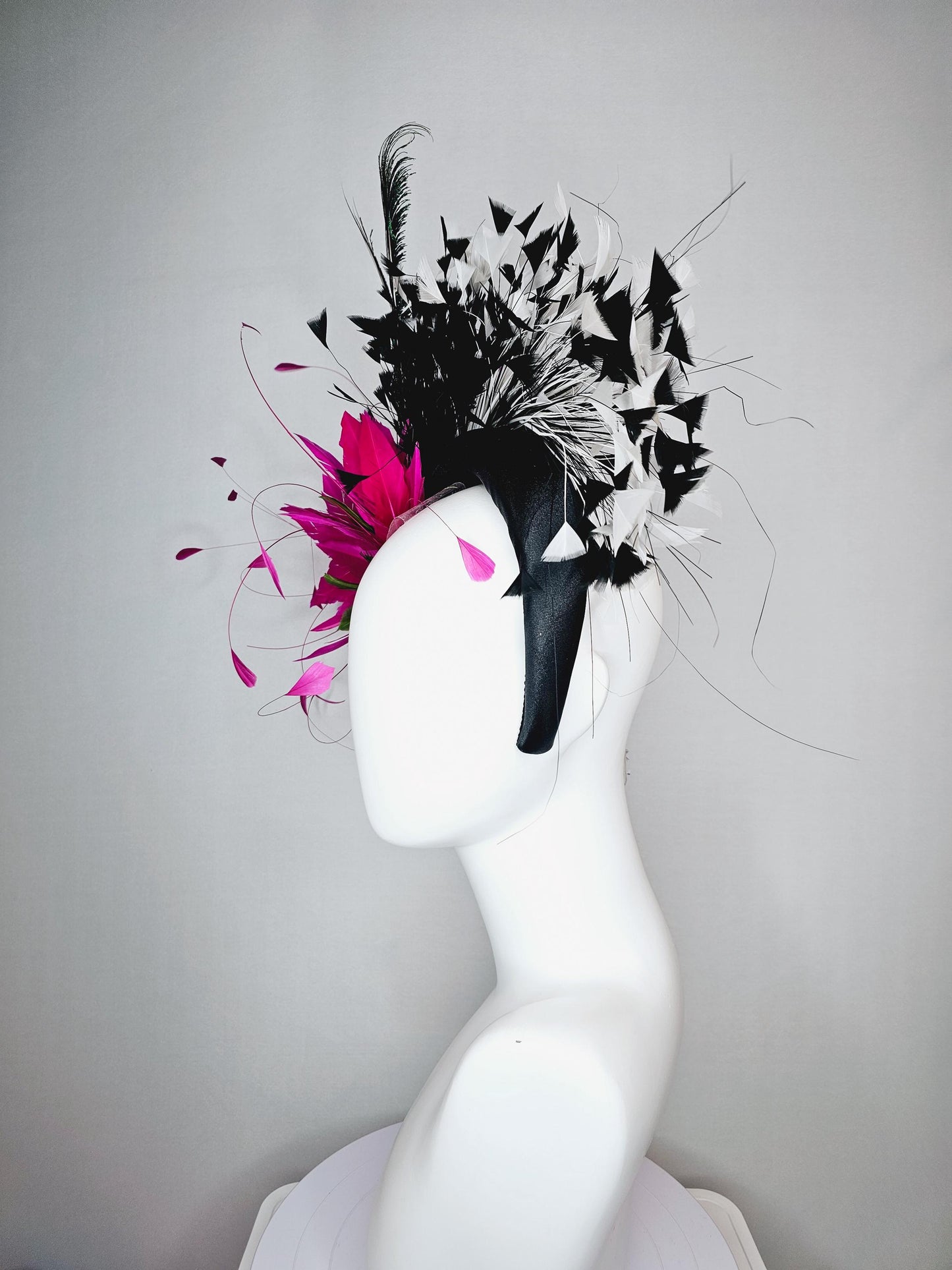 kentucky derby hat fascinator black satin headband with fuchsia pink feather flower green feathers and black and white branching feathers