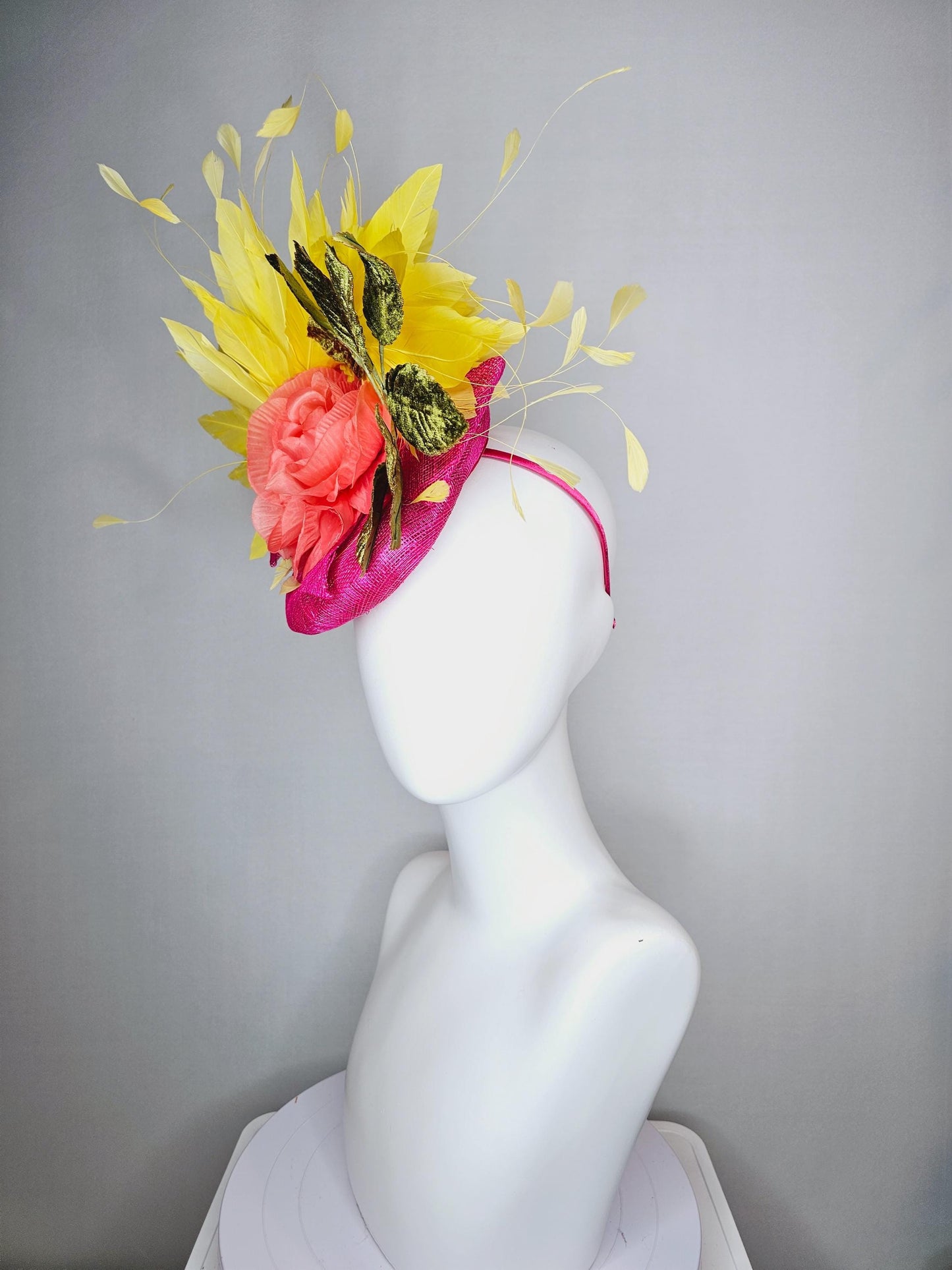 kentucky derby hat fascinator hot pink sinamay orange silk rose green velvet leaves bright yellow branching feathers