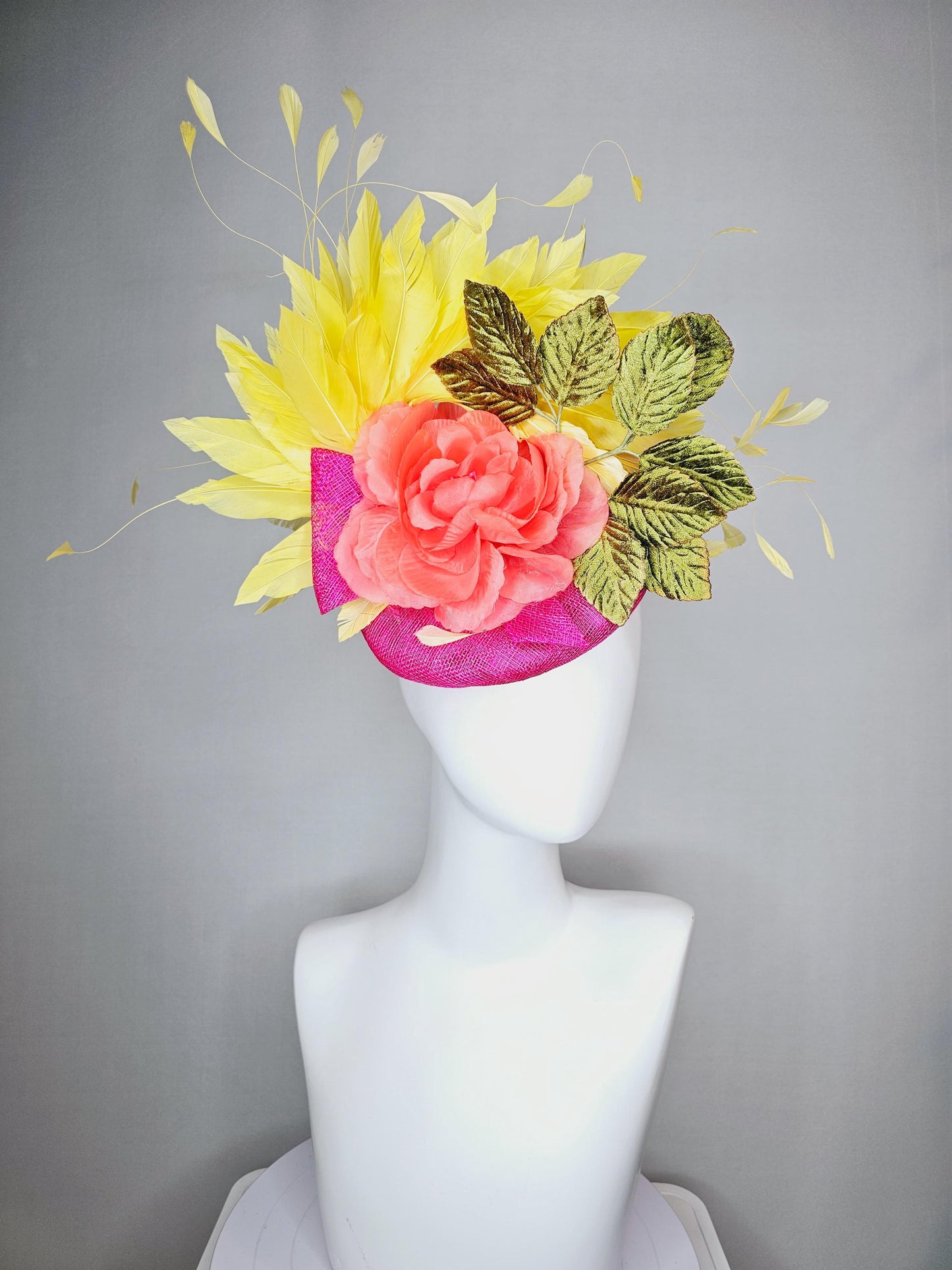 kentucky derby hat fascinator hot pink sinamay orange silk rose green velvet leaves bright yellow branching feathers