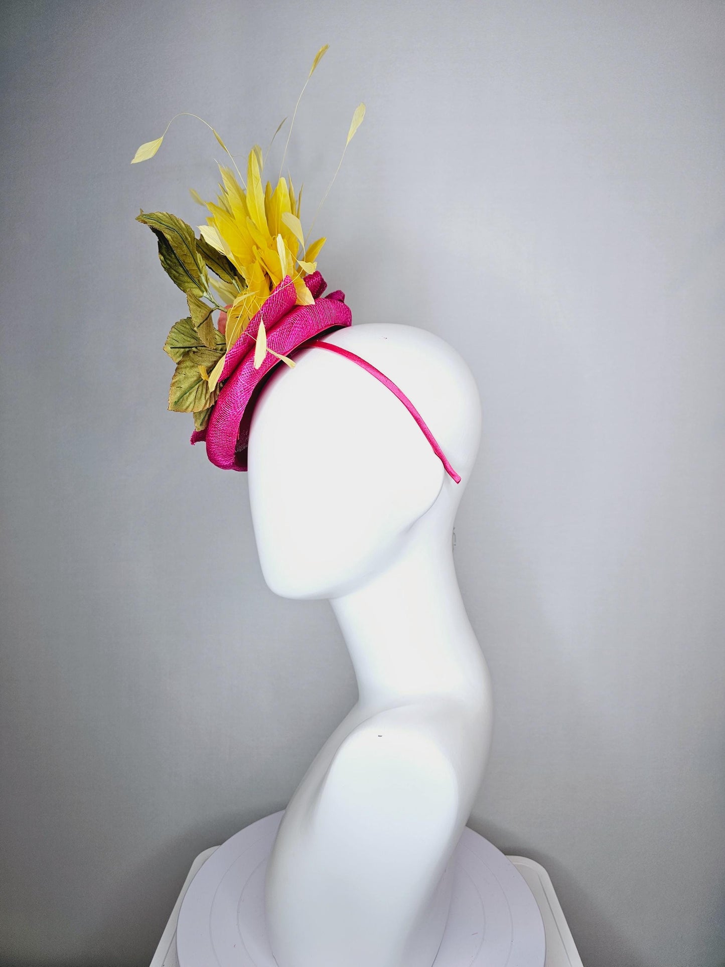 kentucky derby hat fascinator hot pink sinamay orange silk rose green velvet leaves bright yellow branching feathers