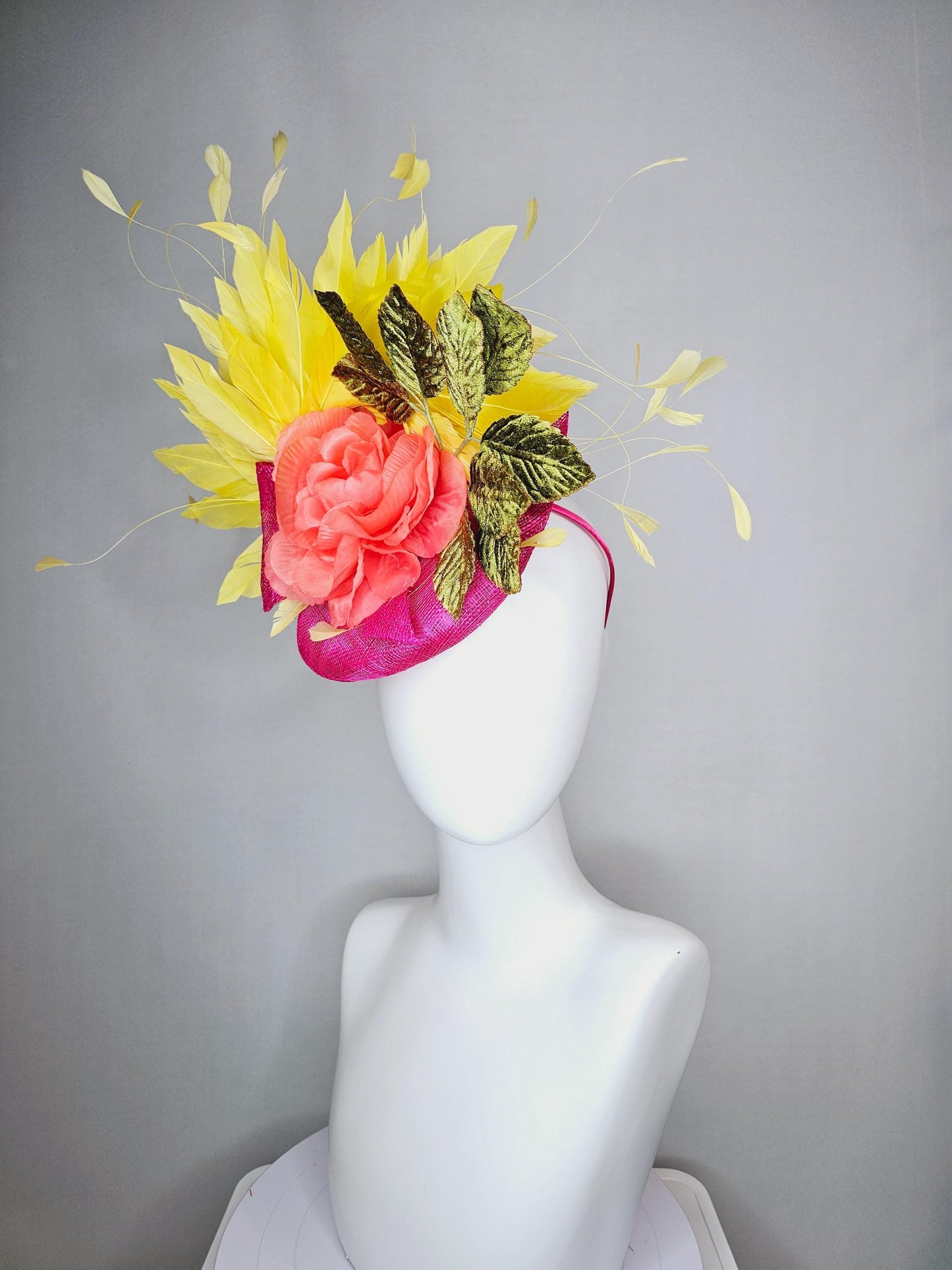 kentucky derby hat fascinator hot pink sinamay orange silk rose green velvet leaves bright yellow branching feathers