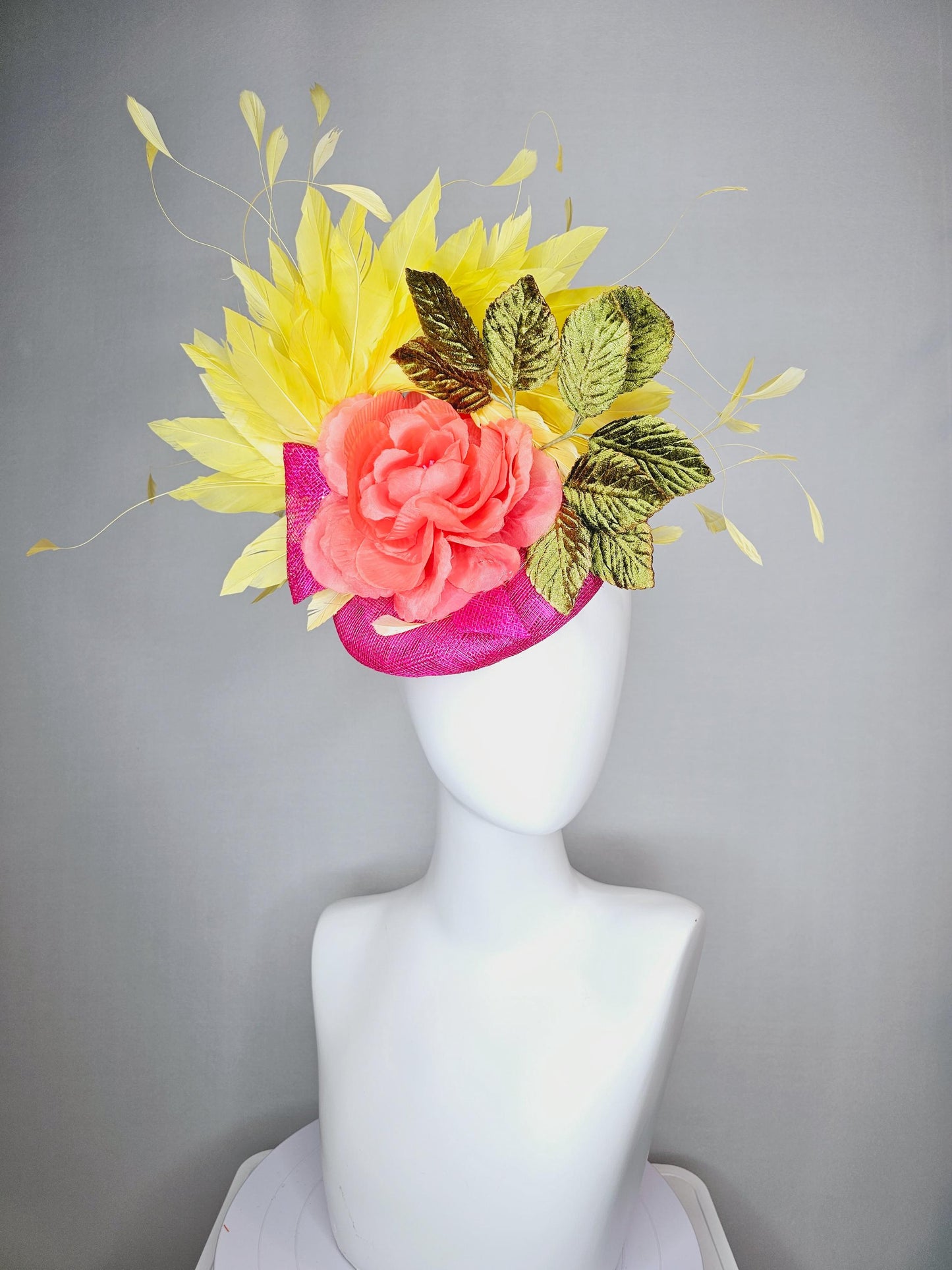 kentucky derby hat fascinator hot pink sinamay orange silk rose green velvet leaves bright yellow branching feathers