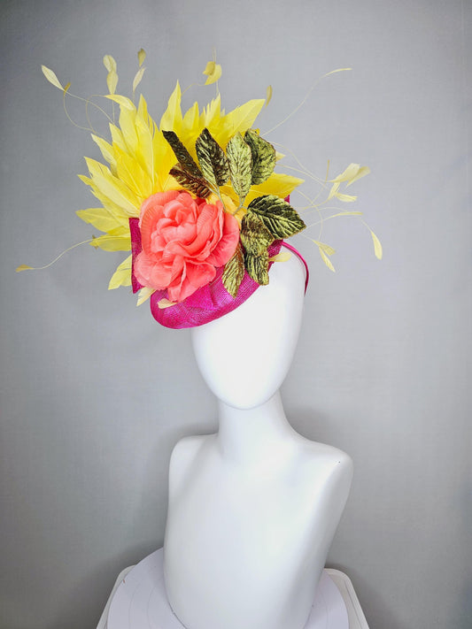 kentucky derby hat fascinator hot pink sinamay orange silk rose green velvet leaves bright yellow branching feathers