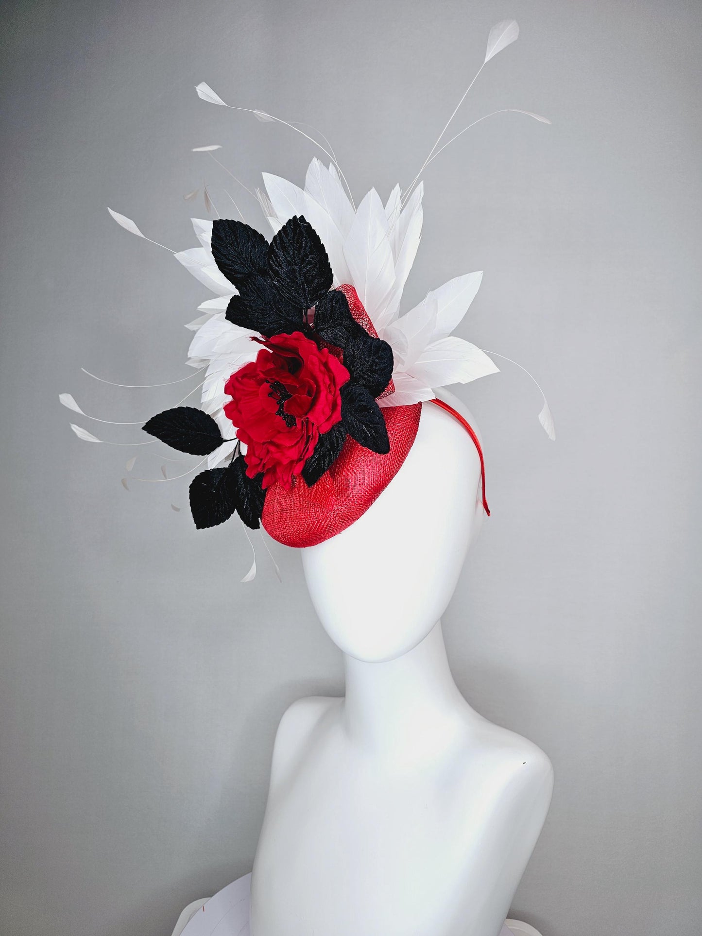 kentucky derby hat fascinator scarlet red sinamay base,silk cherry red rose black velvet feathers and white branching feathers
