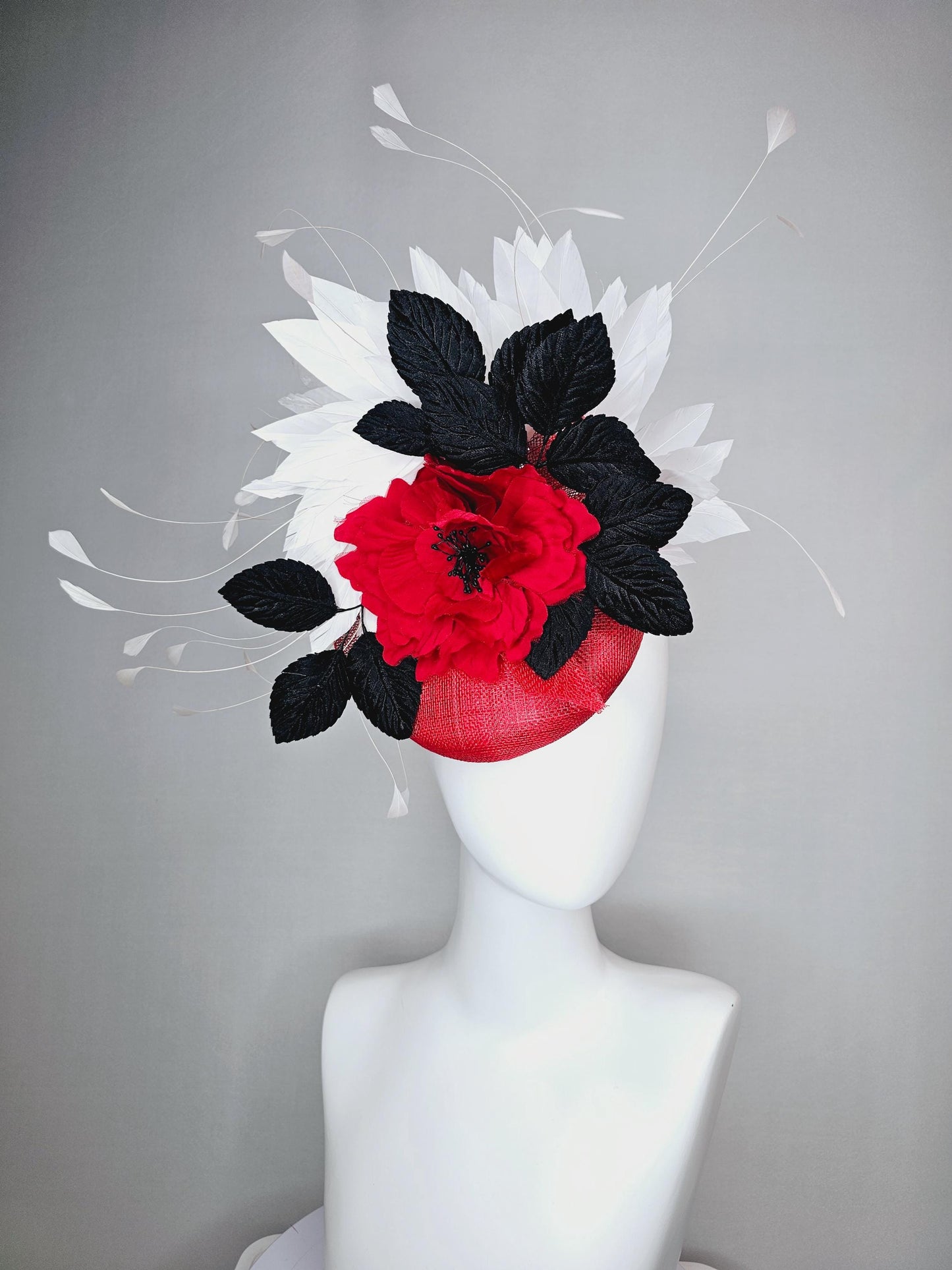 kentucky derby hat fascinator scarlet red sinamay base,silk cherry red rose black velvet feathers and white branching feathers