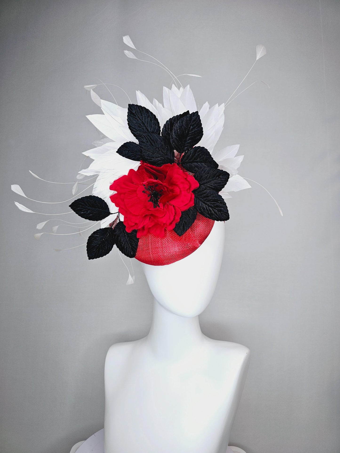 kentucky derby hat fascinator scarlet red sinamay base,silk cherry red rose black velvet feathers and white branching feathers
