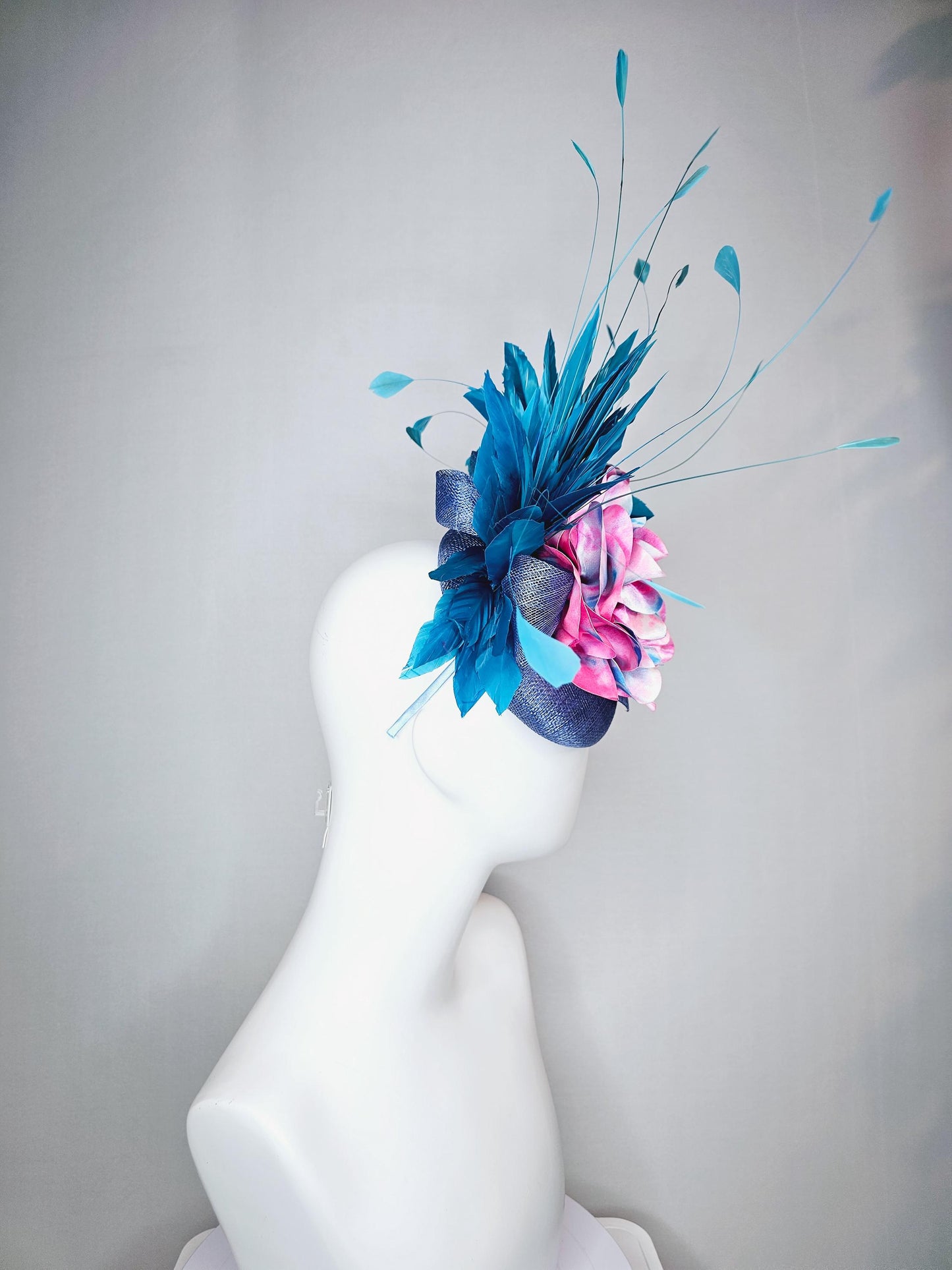 kentucky derby hat fascinator royal blue sinamay base with tie dye pink blue silk large flower and teal blue branching feathers