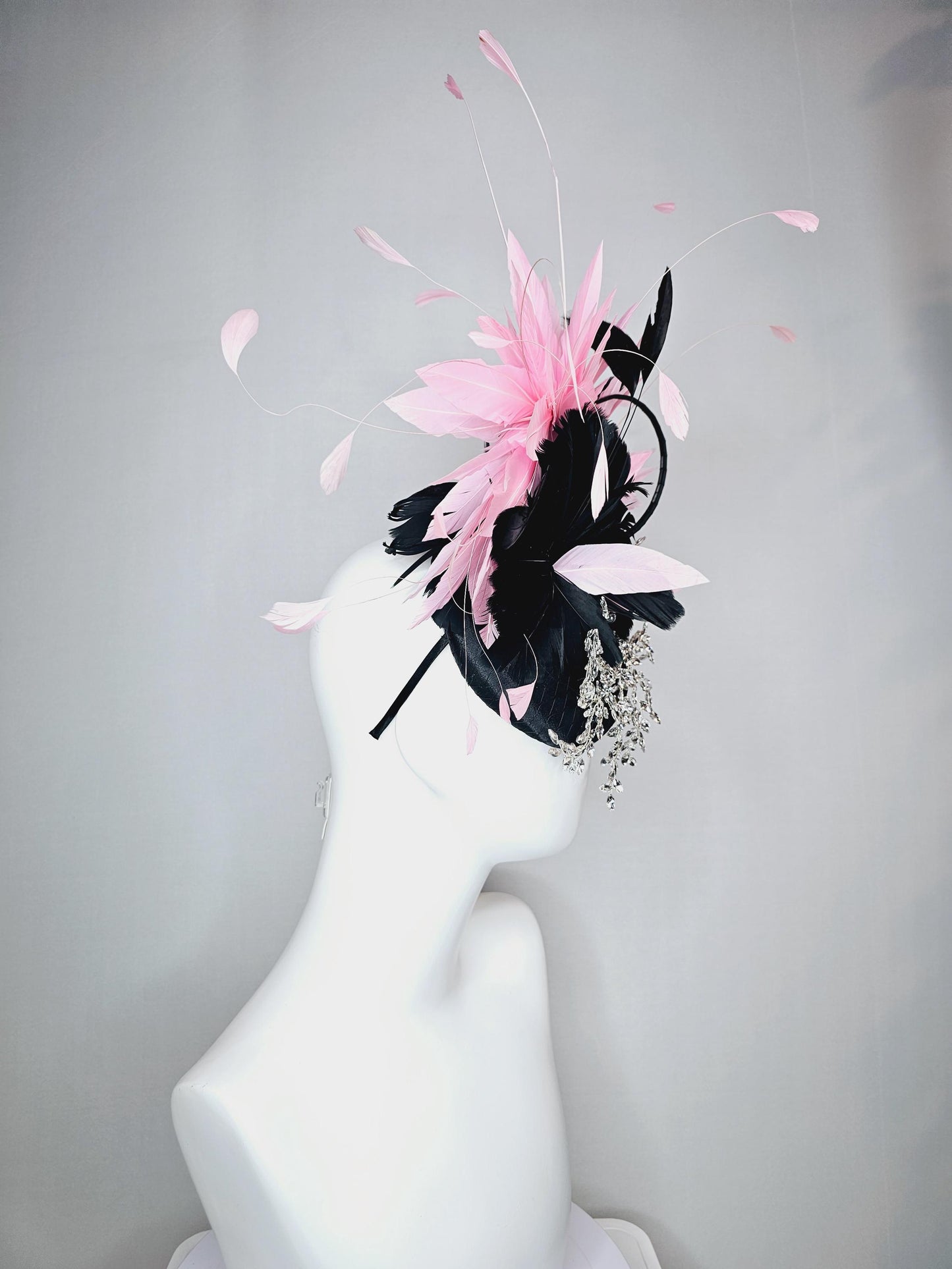 kentucky derby hat fascinator black satin with netting leaf vine crystal clear rhinestone black feather flower light pink branching feathers