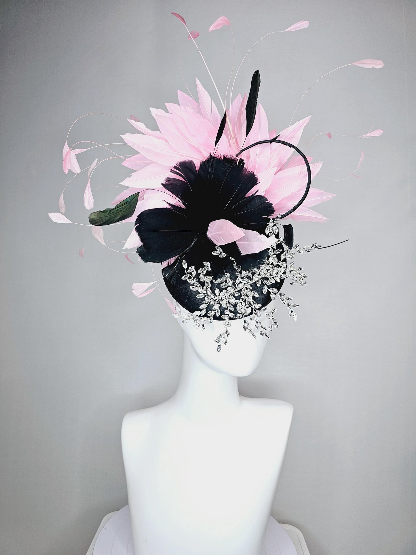 kentucky derby hat fascinator black satin with netting leaf vine crystal clear rhinestone black feather flower light pink branching feathers