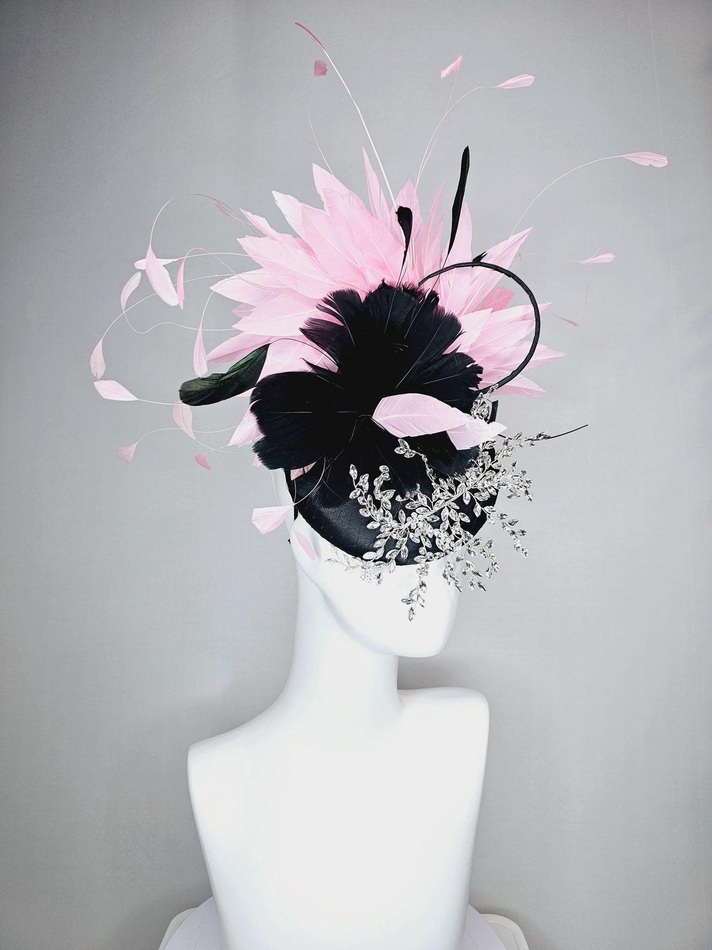 kentucky derby hat fascinator black satin with netting leaf vine crystal clear rhinestone black feather flower light pink branching feathers