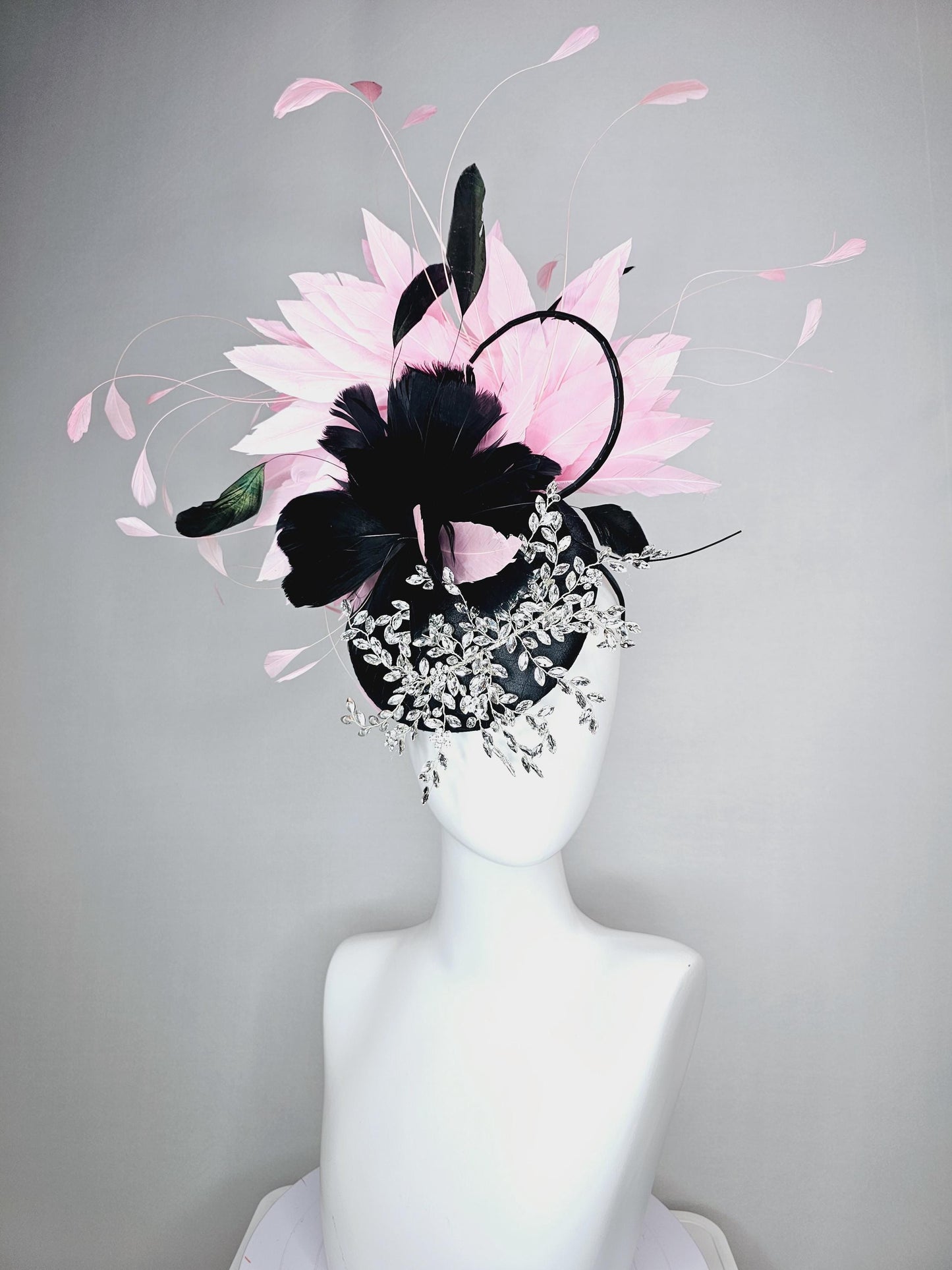 kentucky derby hat fascinator black satin with netting leaf vine crystal clear rhinestone black feather flower light pink branching feathers